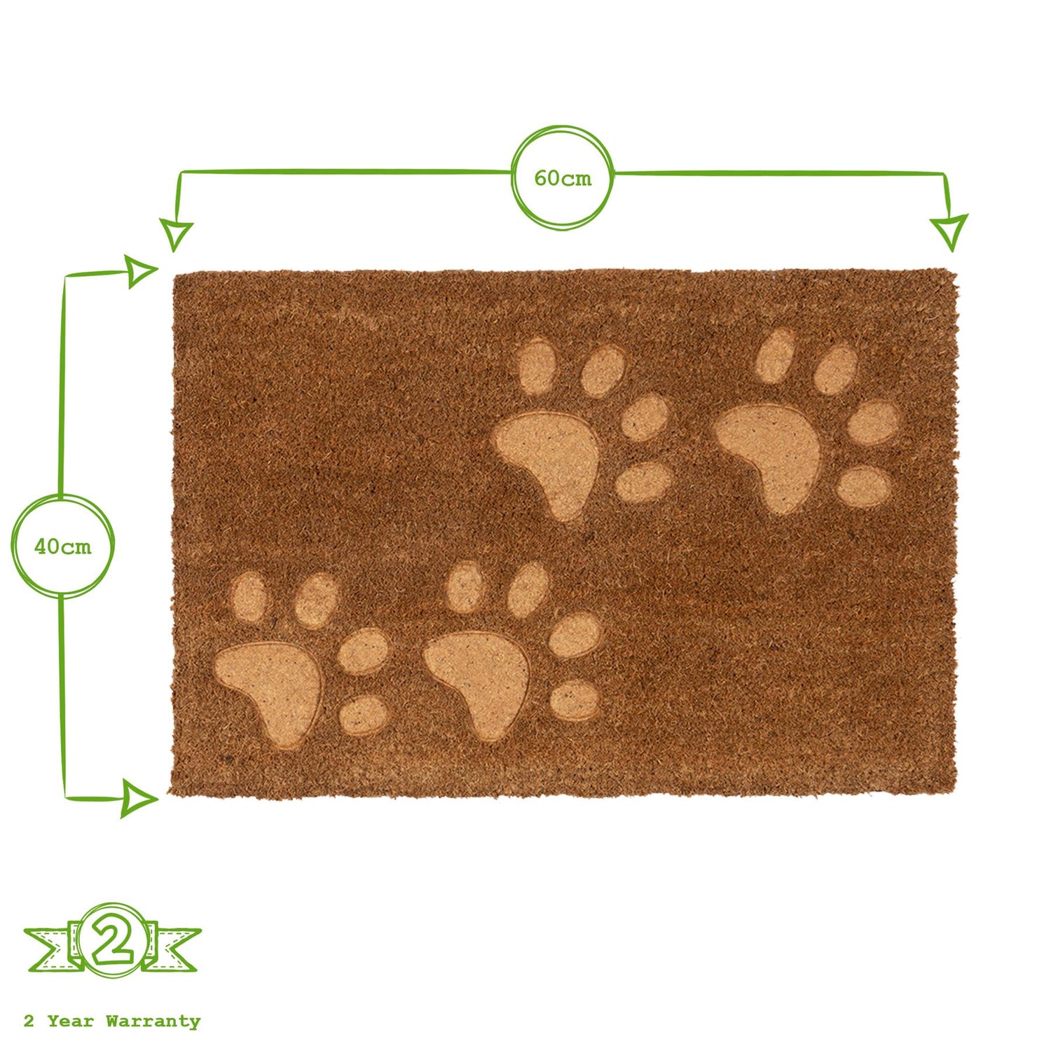 Coir Door Mat - 60 x 40cm - Embossed Paw Prints