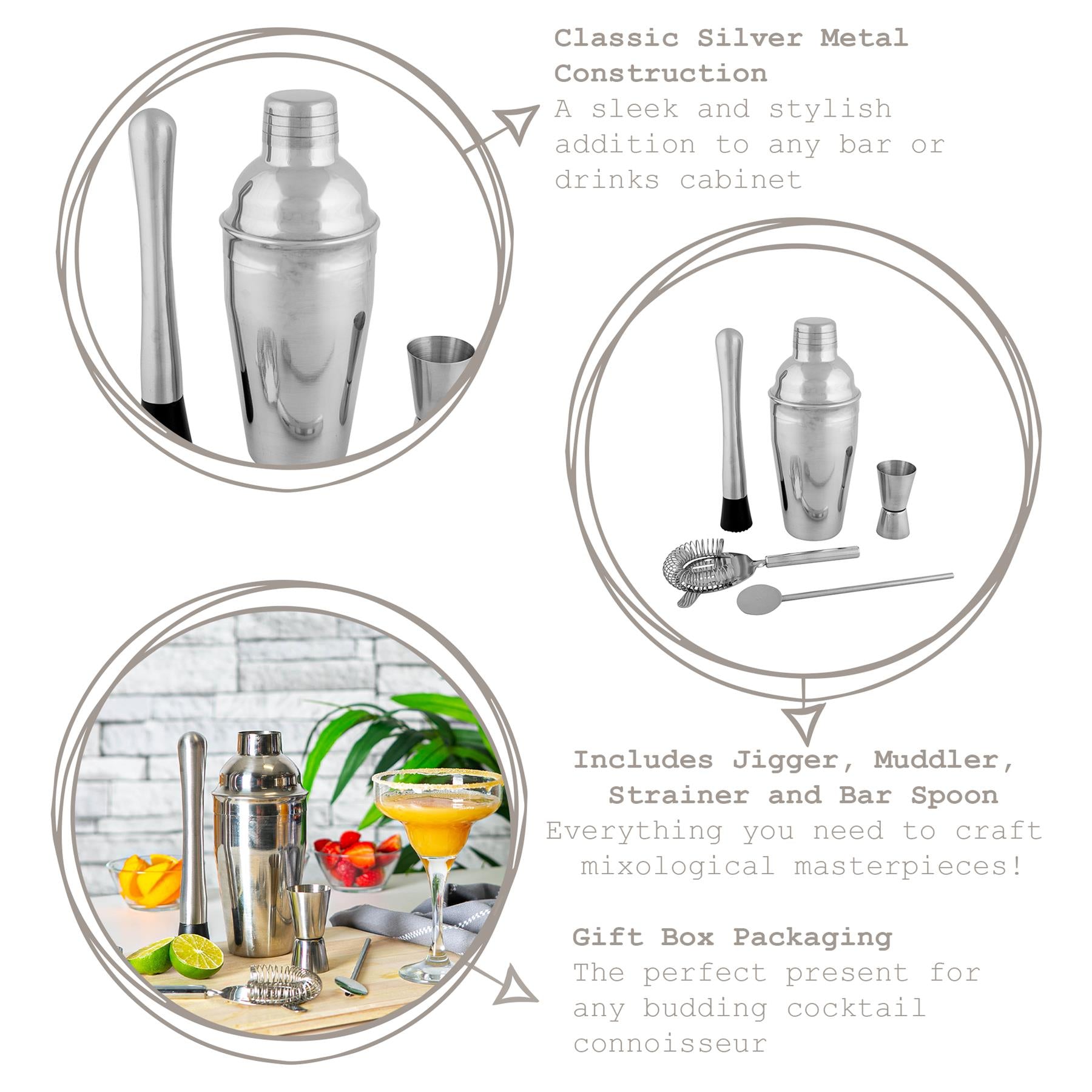 5 Piece Manhattan Cocktail Shaker Set - Silver