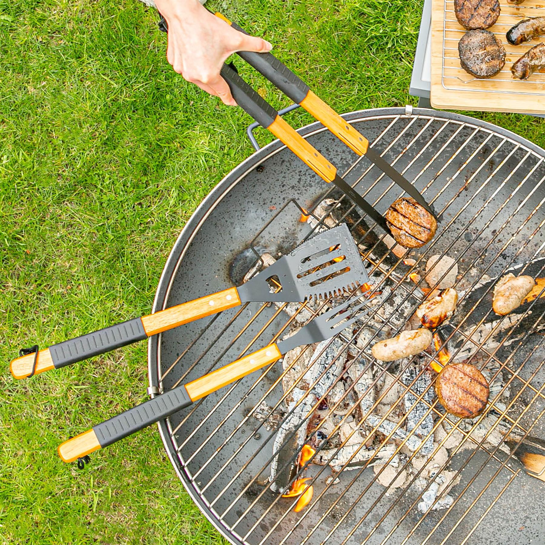 3 Piece Wooden BBQ Tools Set - Black/Black