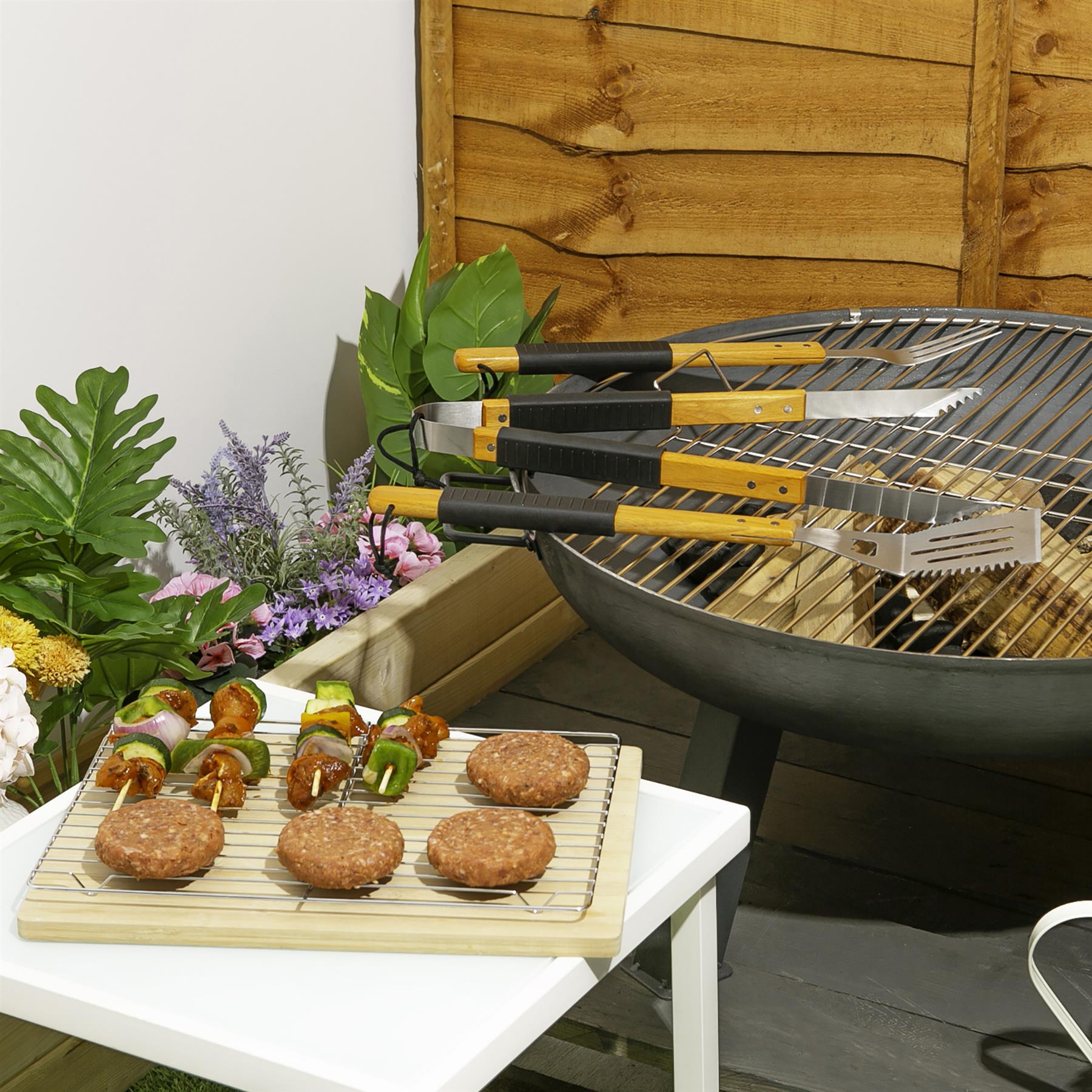 3 Piece Wooden BBQ Tools Set - Black/Black