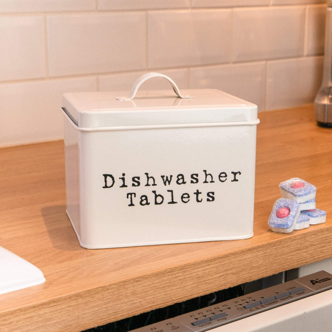 Harbour Housewares Vintage Style Metal Dishwasher Tablet Storage Canister - Cream - 180mm