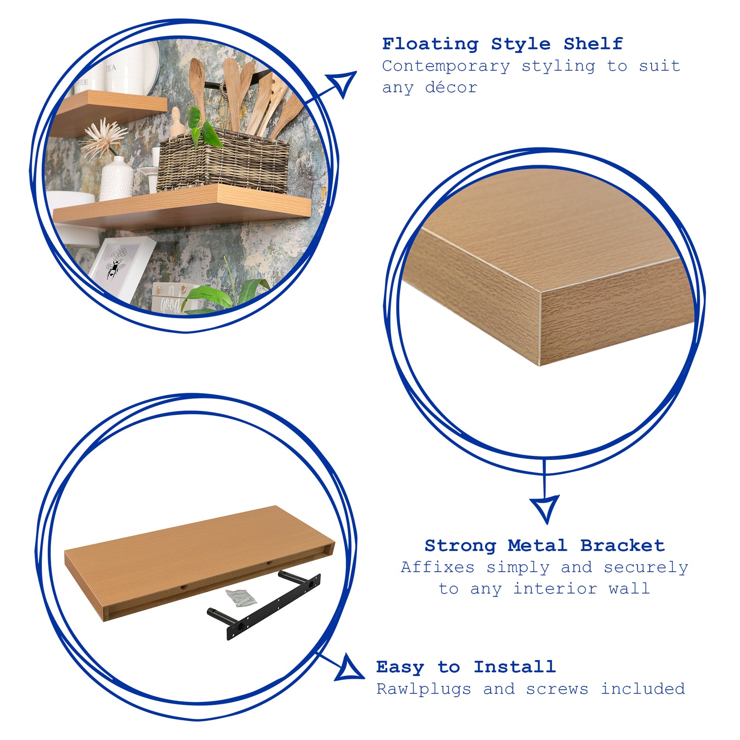 Harbour Housewares Medium Rectangular Wooden Floating Wall Shelf - 80cm - Natural Beech