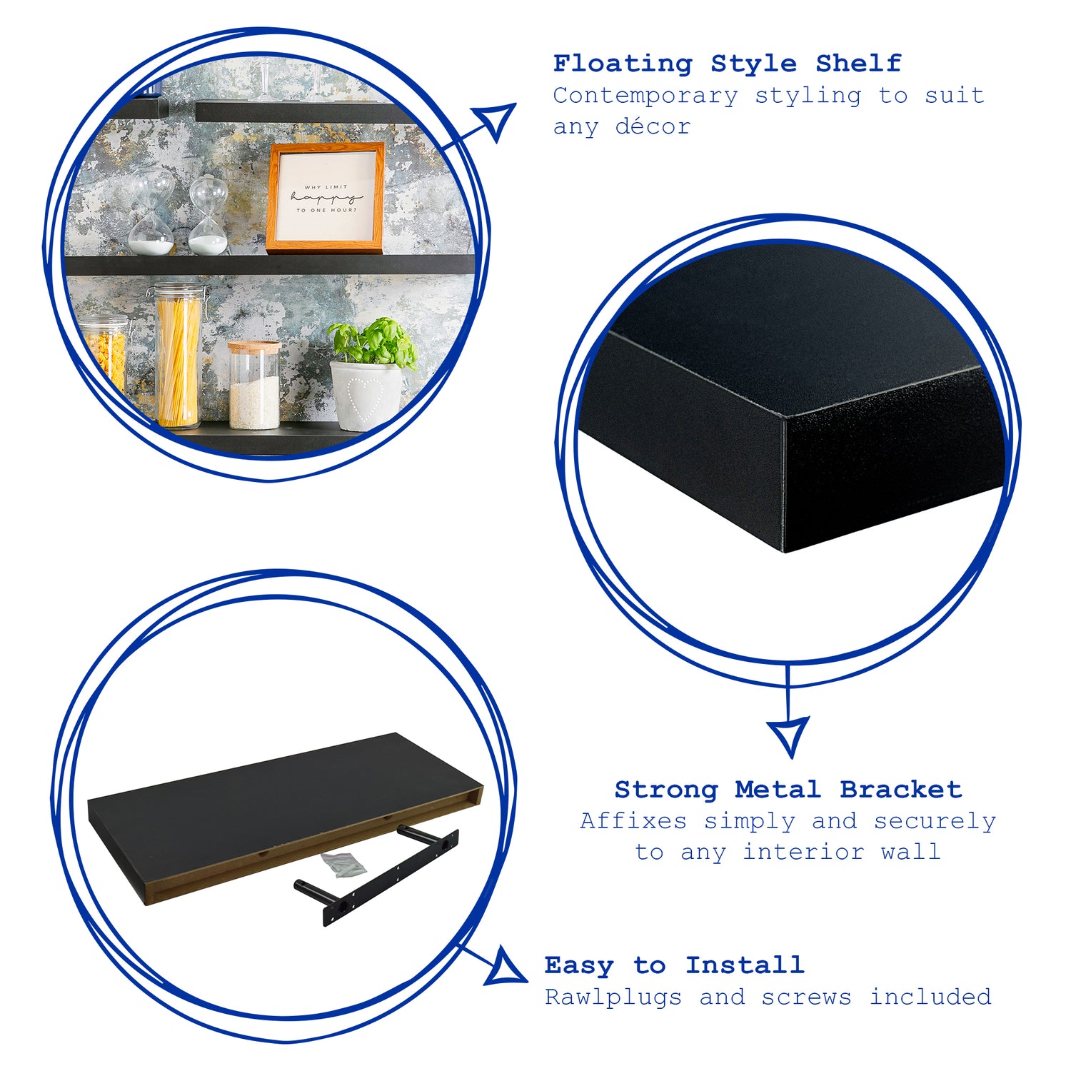 Harbour Housewares Medium Rectangular Wooden Floating Wall Shelf - 60cm - Black