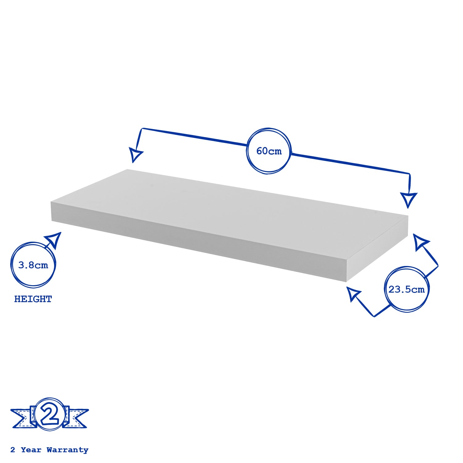 Harbour Housewares Medium Rectangular Wooden Floating Wall Shelf - 60cm - White