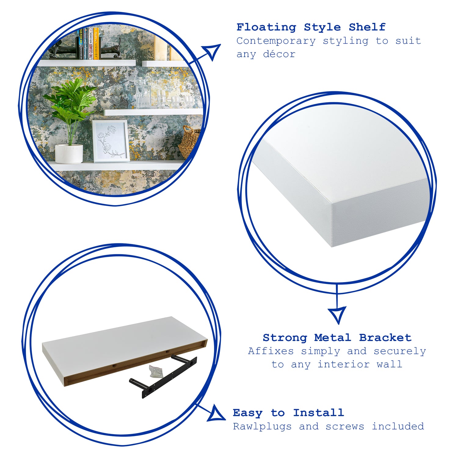 Harbour Housewares Medium Rectangular Wooden Floating Wall Shelf - 60cm - White