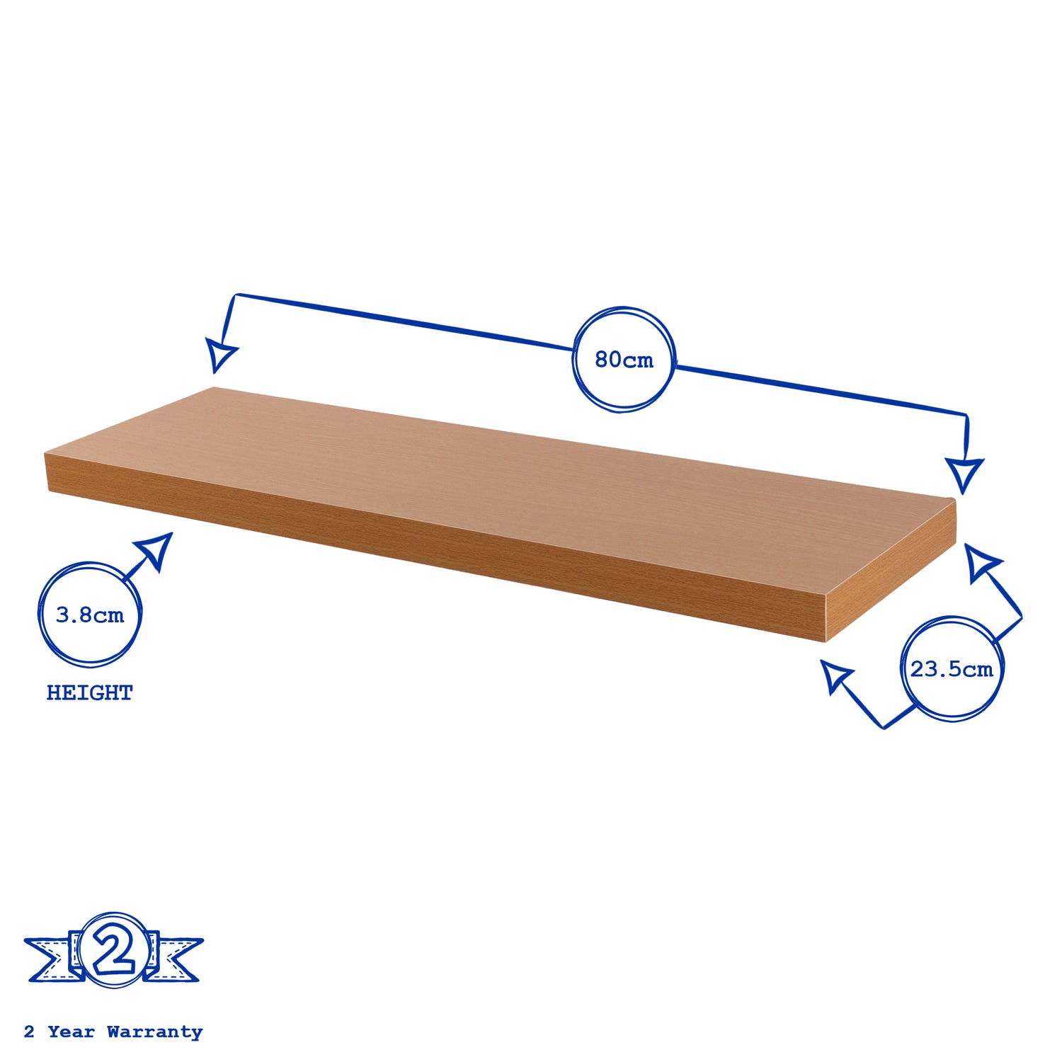 Harbour Housewares Medium Rectangular Wooden Floating Wall Shelf - 80cm - Natural Beech