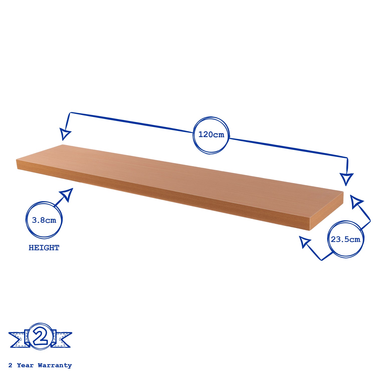 Harbour Housewares Large Rectangular Wooden Floating Wall Shelf - 120cm - Natural Beech