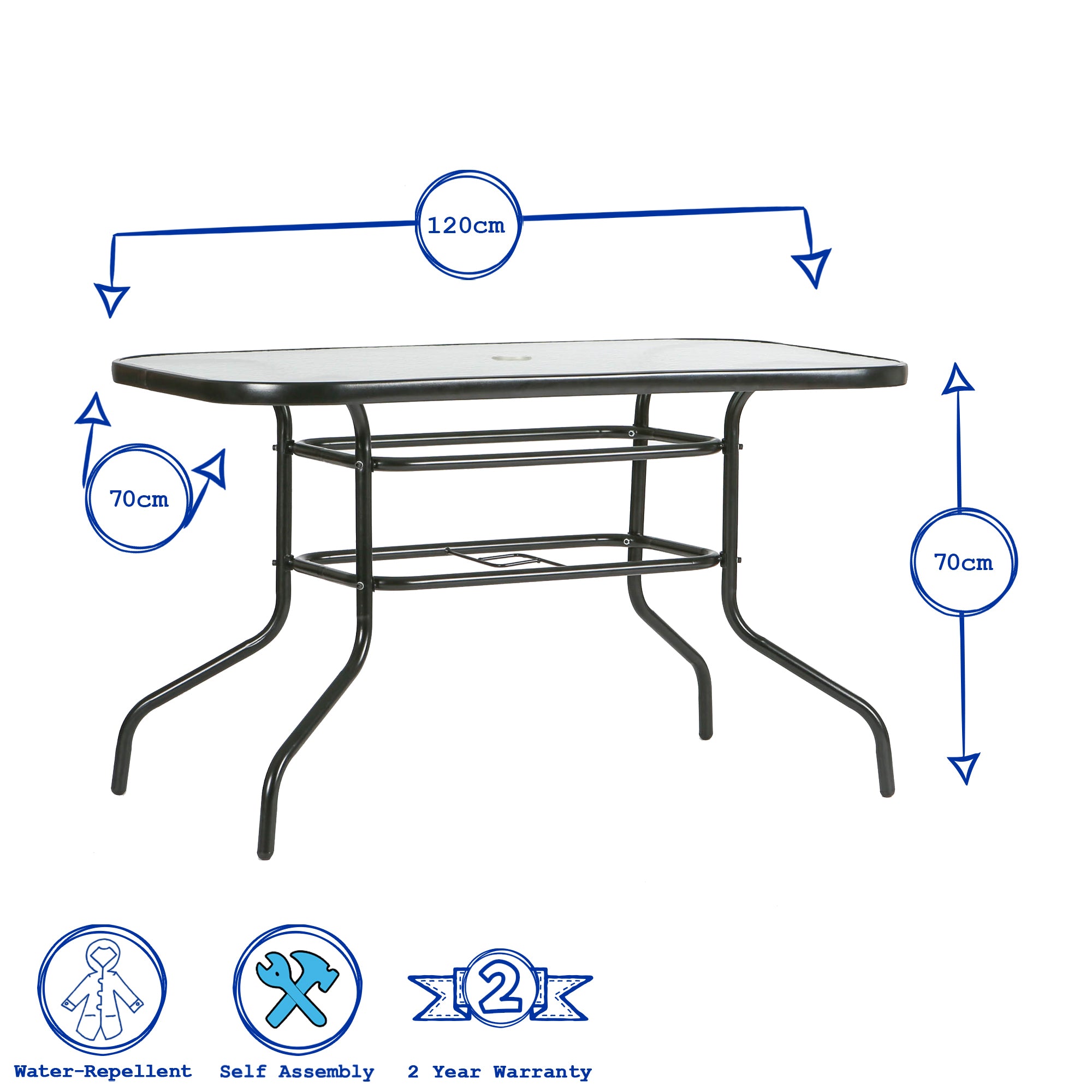 Metal Glass Top Garden Table - 120cm x 70cm - Black