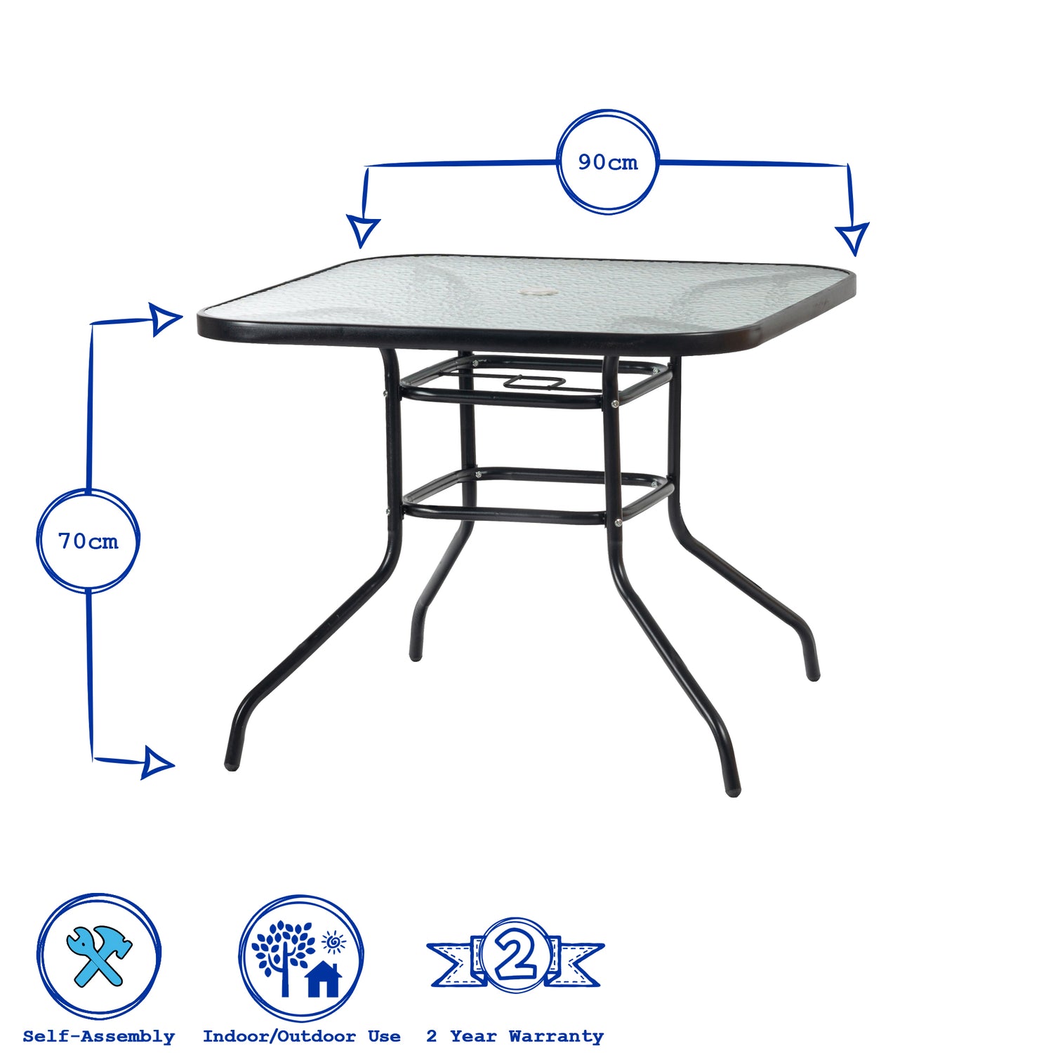 Harbour Housewares Glass Top Garden Table - 90 x 90cm - Black