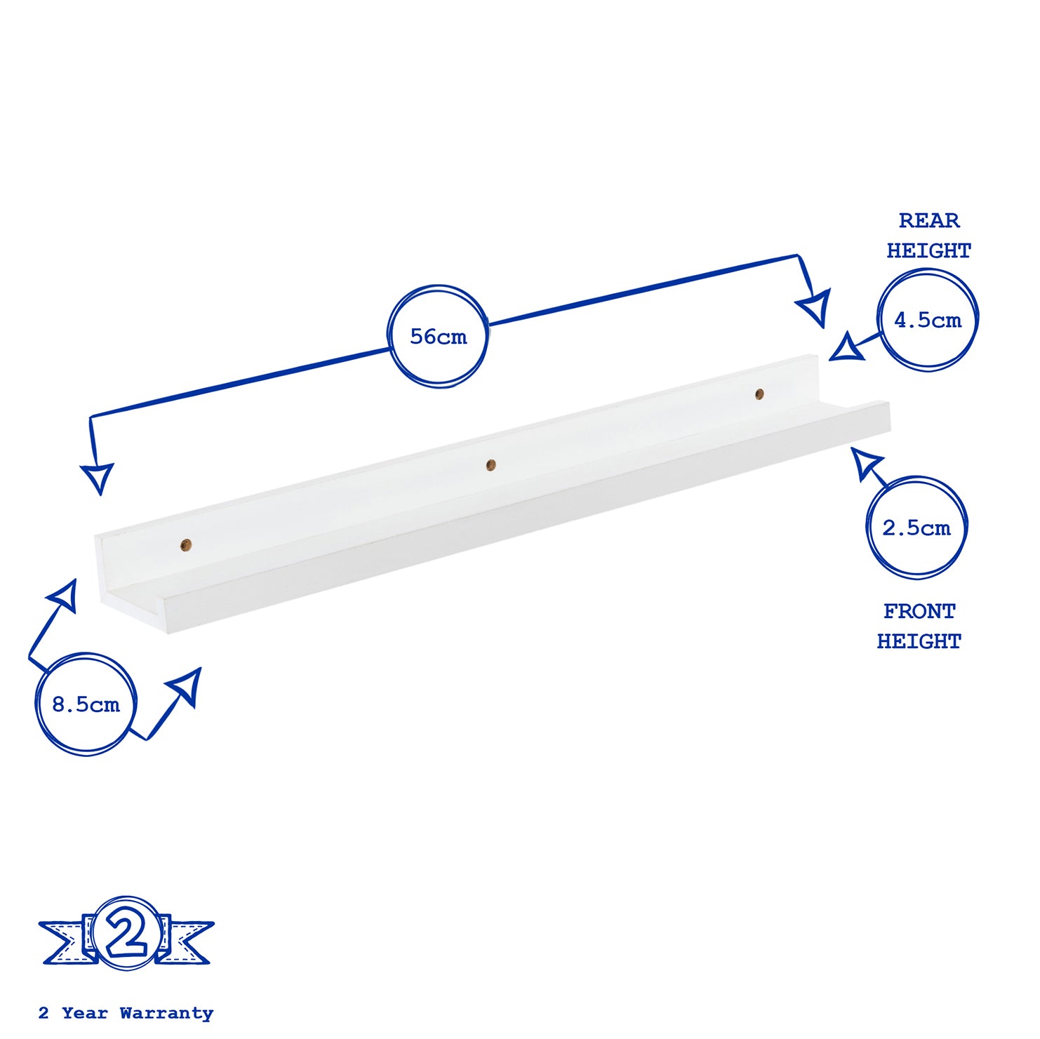 Harbour Housewares Wooden Wall Picture Ledge Shelf Shelves - 56cm - White