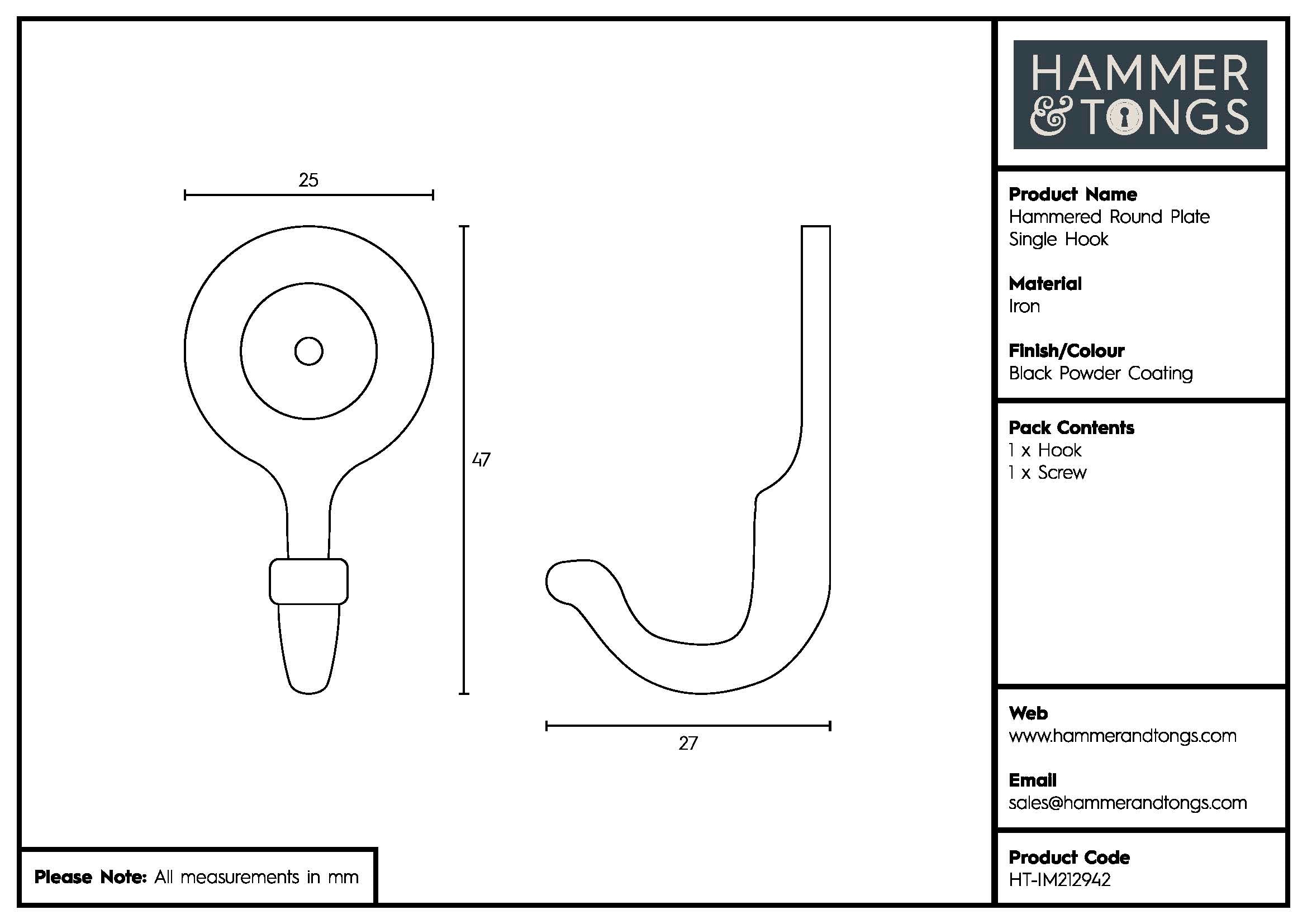 Hammered Round Plate Single Hook - W25mm x H45mm - Black