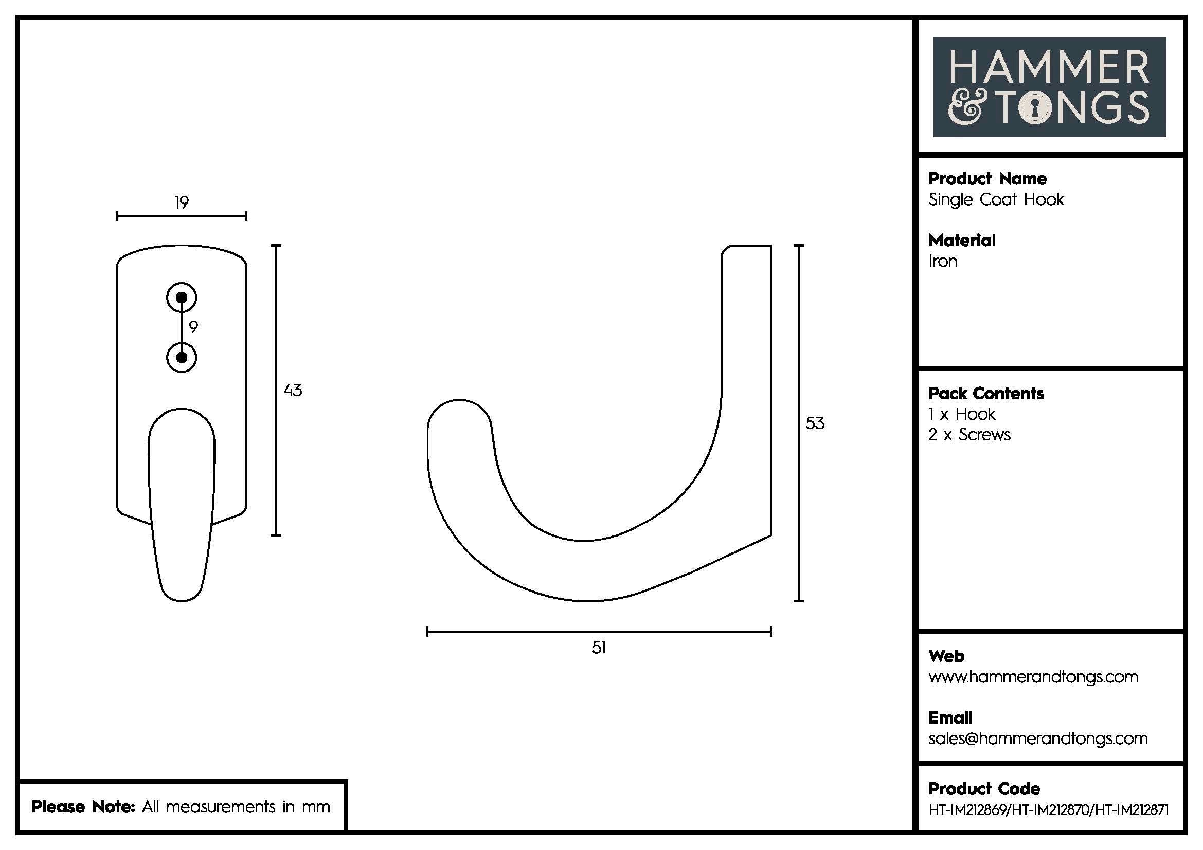 Single Coat Hook - W20mm x H55mm
