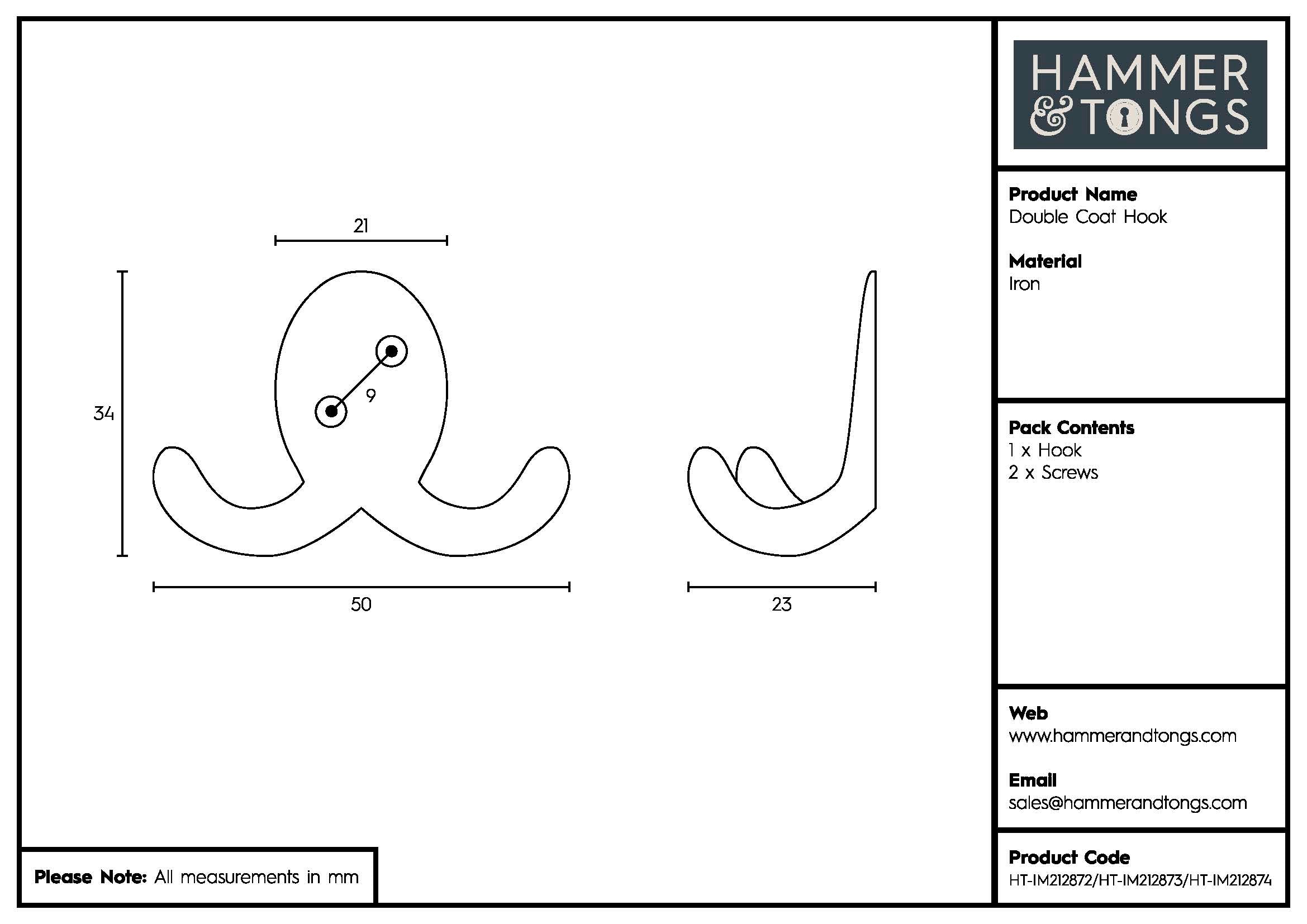 Double Coat Hook - W50mm x H35mm
