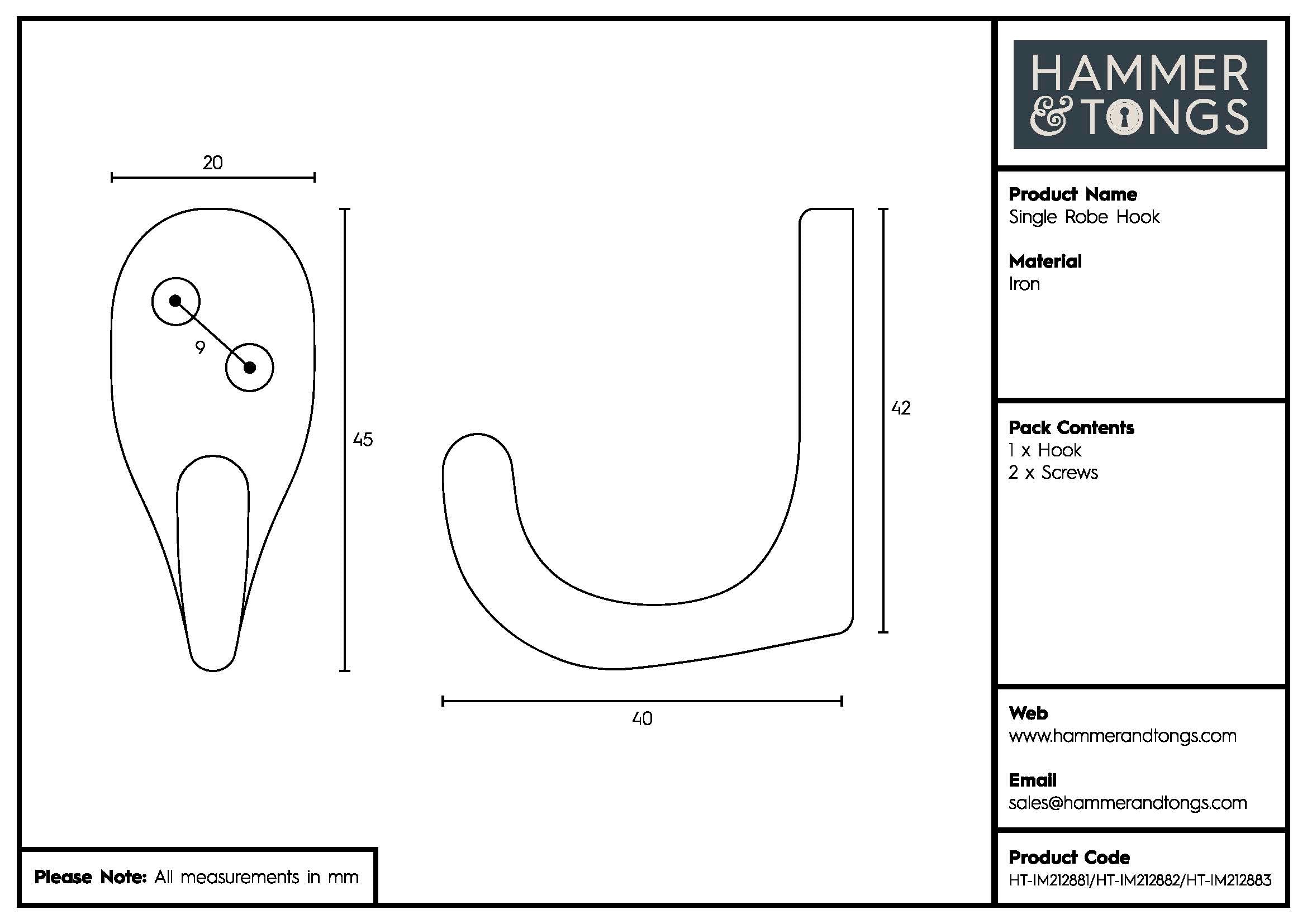 Single Robe Hook - W20mm x H45mm