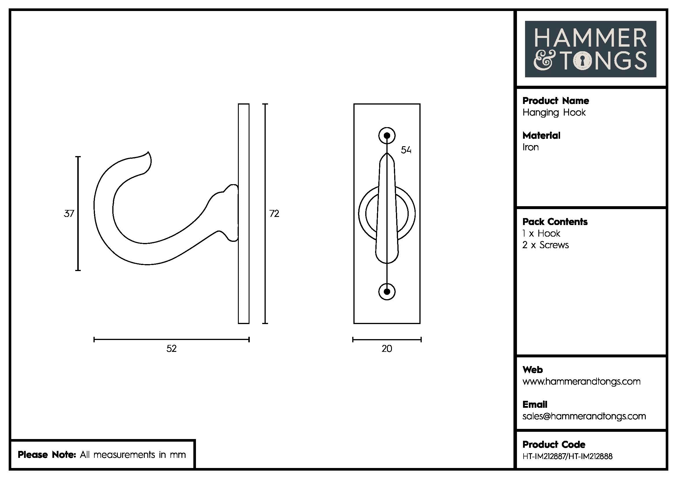 Hanging Hook - W20mm x H70mm