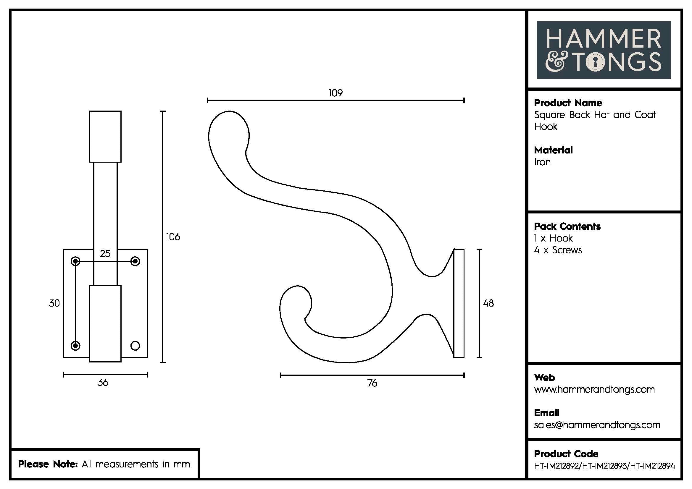 Square Back Hat & Coat Hook - W35mm x H105mm