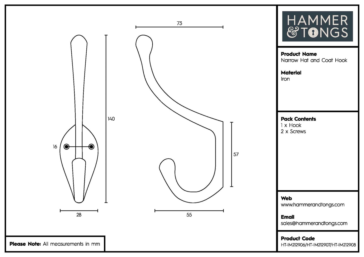 Narrow Hat & Coat Hook - W30mm x H140mm