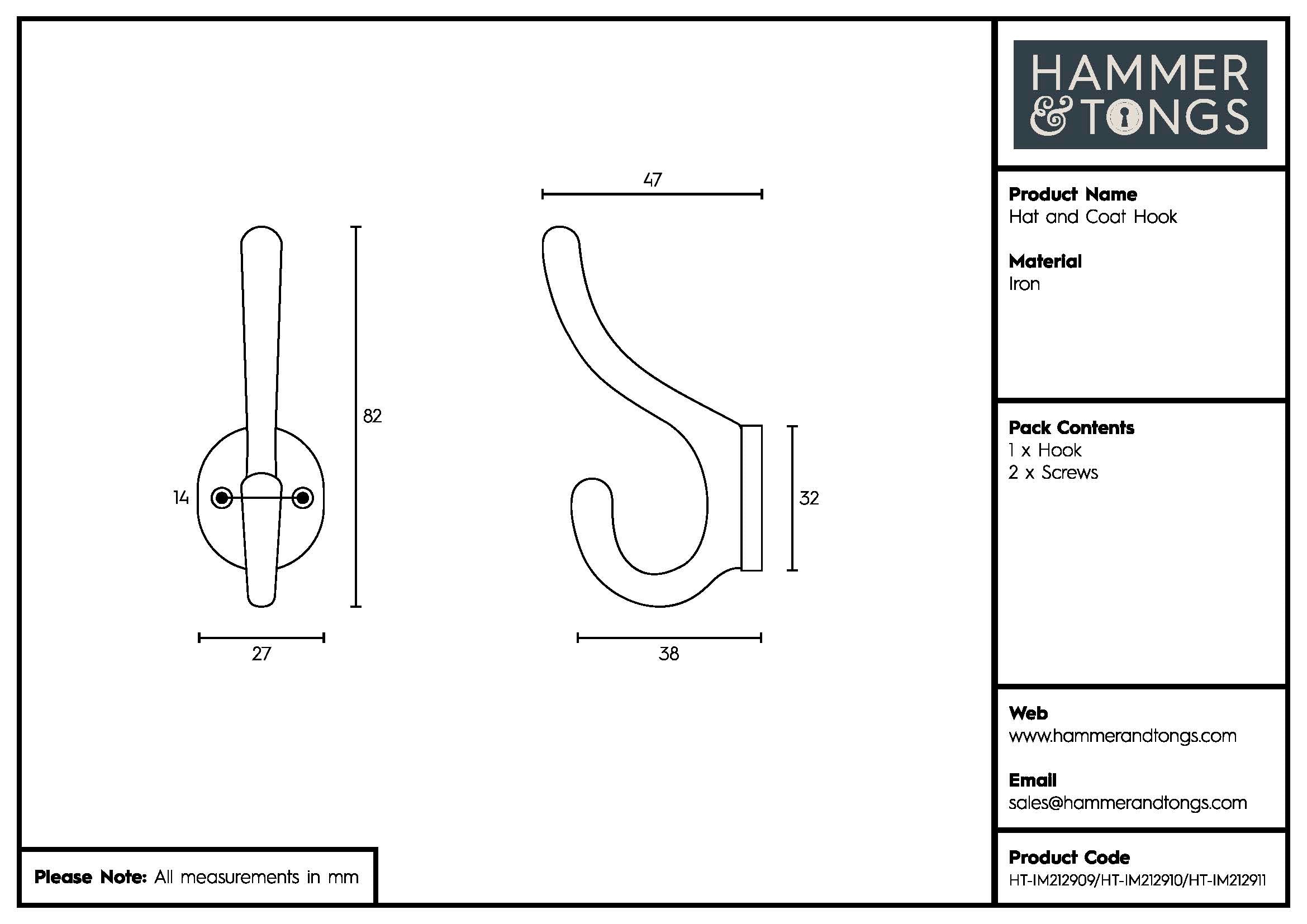 Hat & Coat Hook - W25mm x H80mm