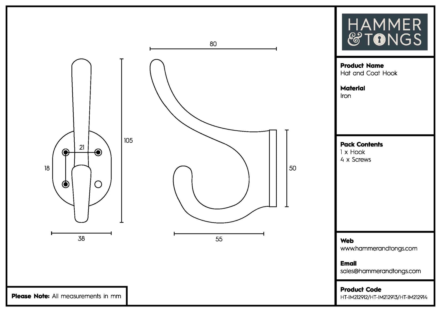 Hat & Coat Hook - W40mm x H105mm
