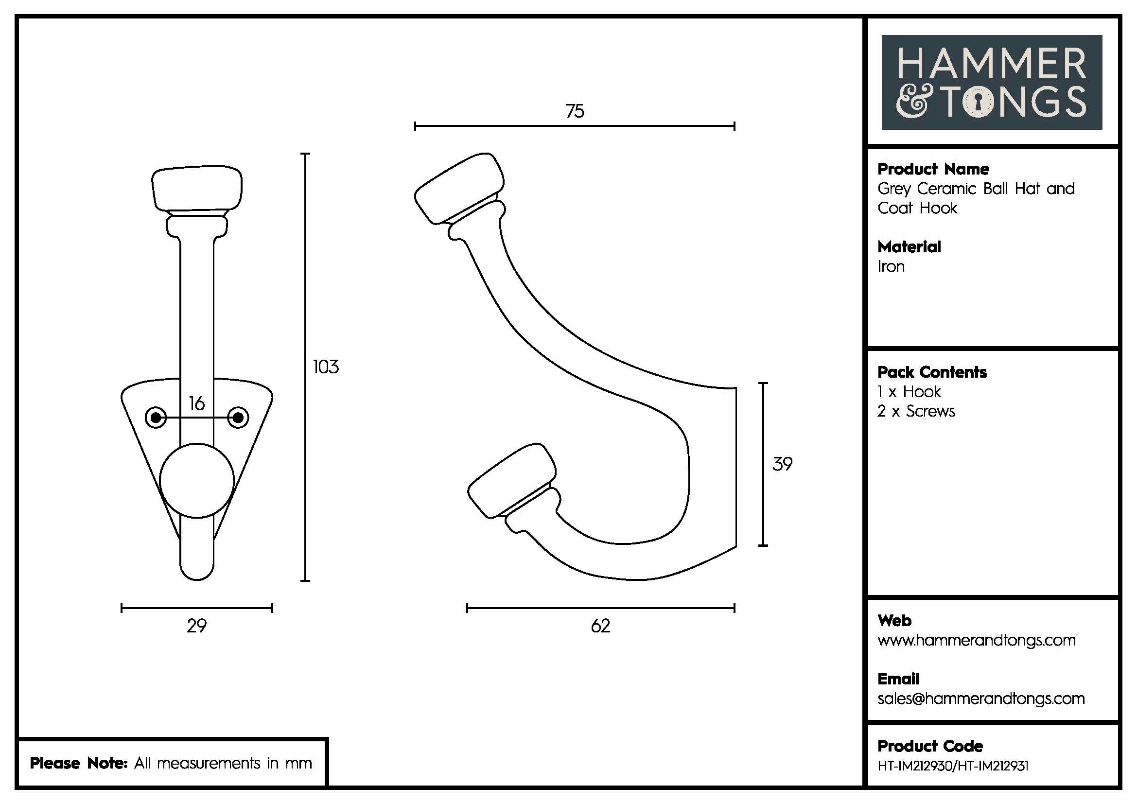 Grey Ceramic Ball Hat & Coat Hook - W30mm x H105mm