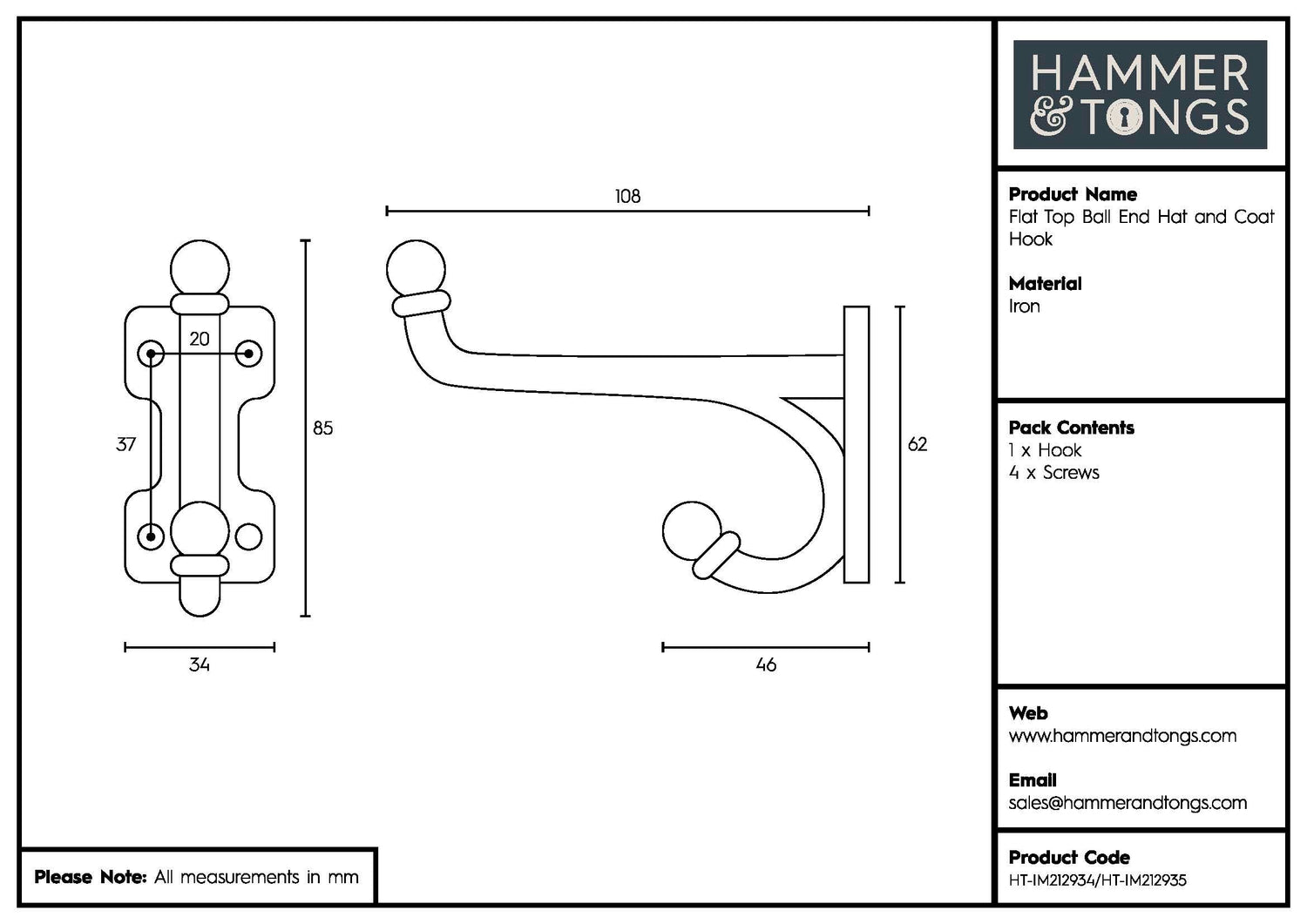 Flat Top Ball End Hat & Coat Hook - W35mm x H85mm