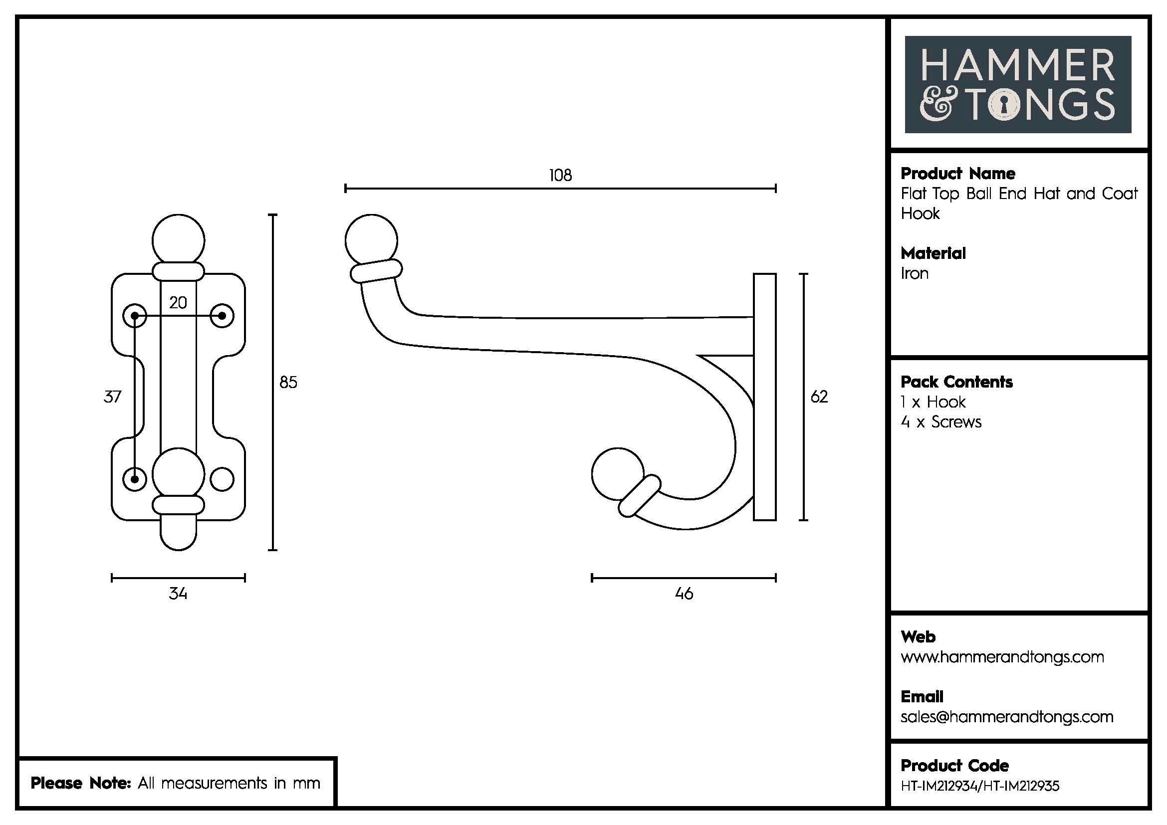 Flat Top Ball End Hat & Coat Hook - W35mm x H85mm