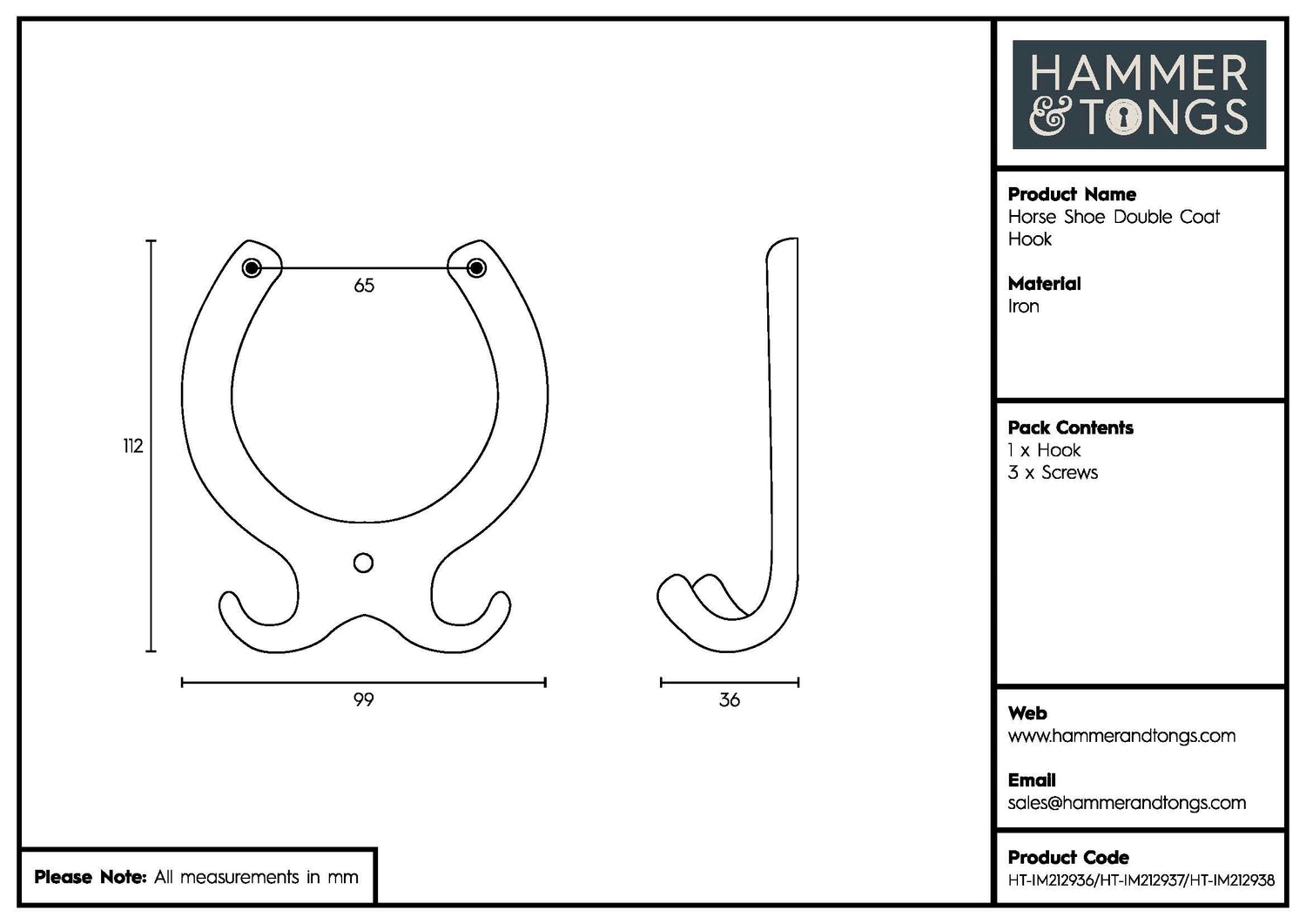 Horse Shoe Double Coat Hook - W100mm x H110mm