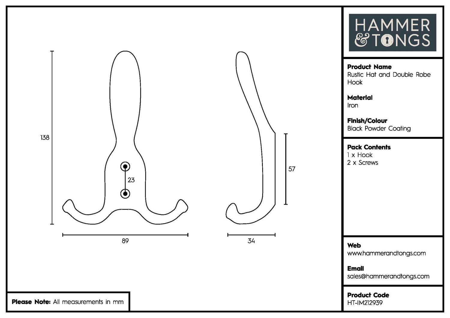 Rustic Hat and Double Robe Hook - W90mm x H140mm - Black
