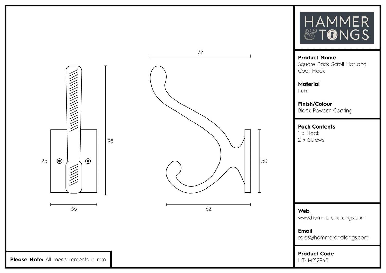 Square Back Scroll Hat & Coat Hook - W35mm x H100mm - Black