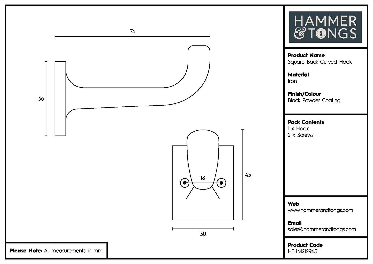 Square Back Curved Hook - W30mm x H45mm - Black