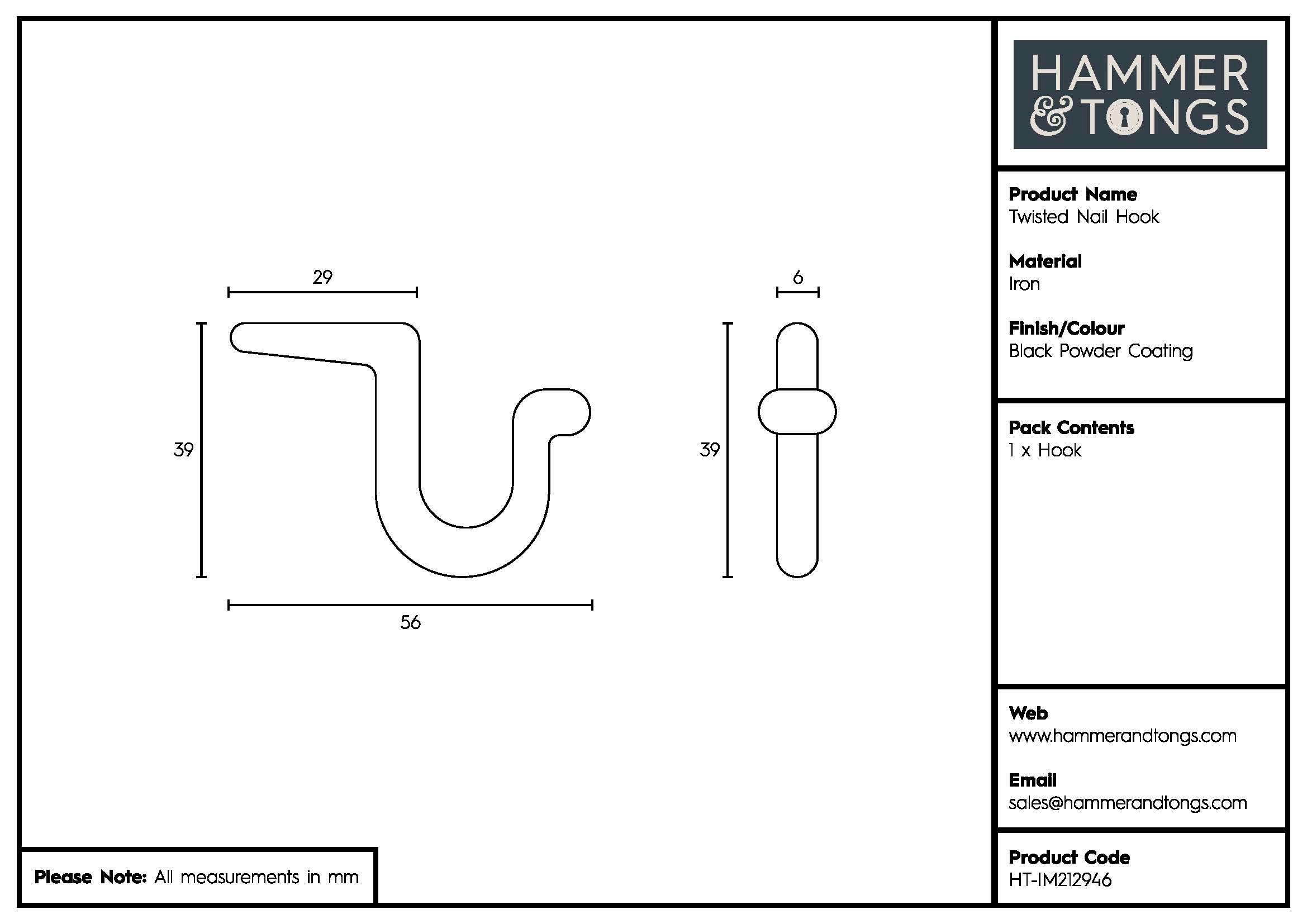 Twisted Nail Hook - W5mm x H40mm - Black