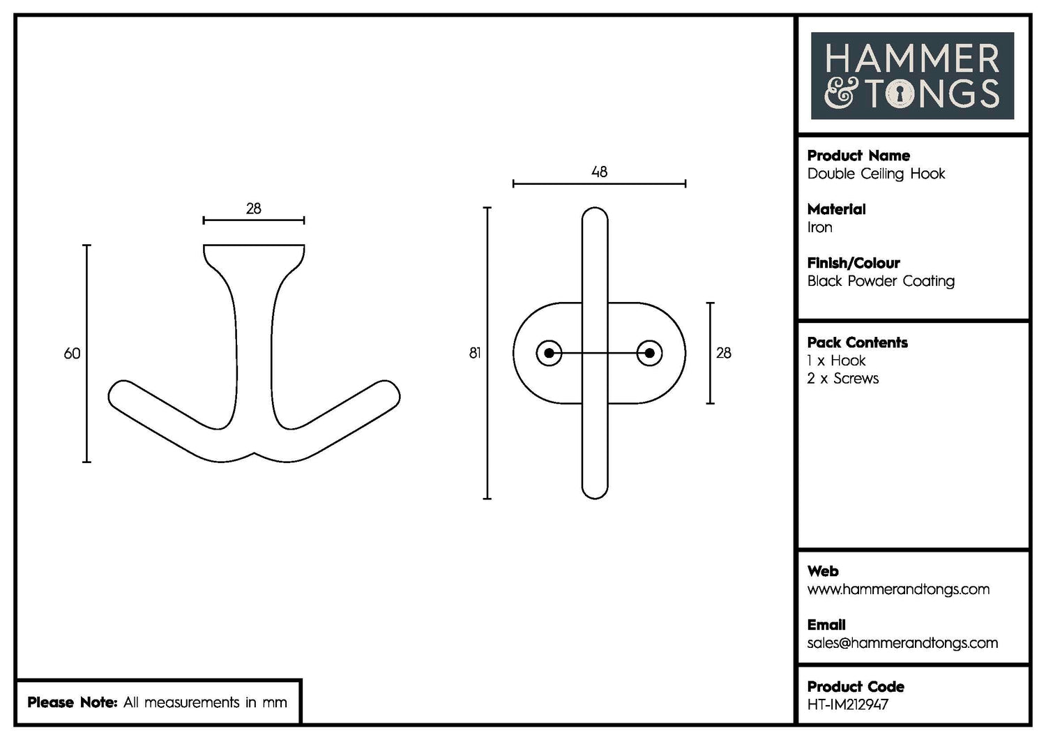 Double Ceiling Hook - W80mm x H60mm - Black