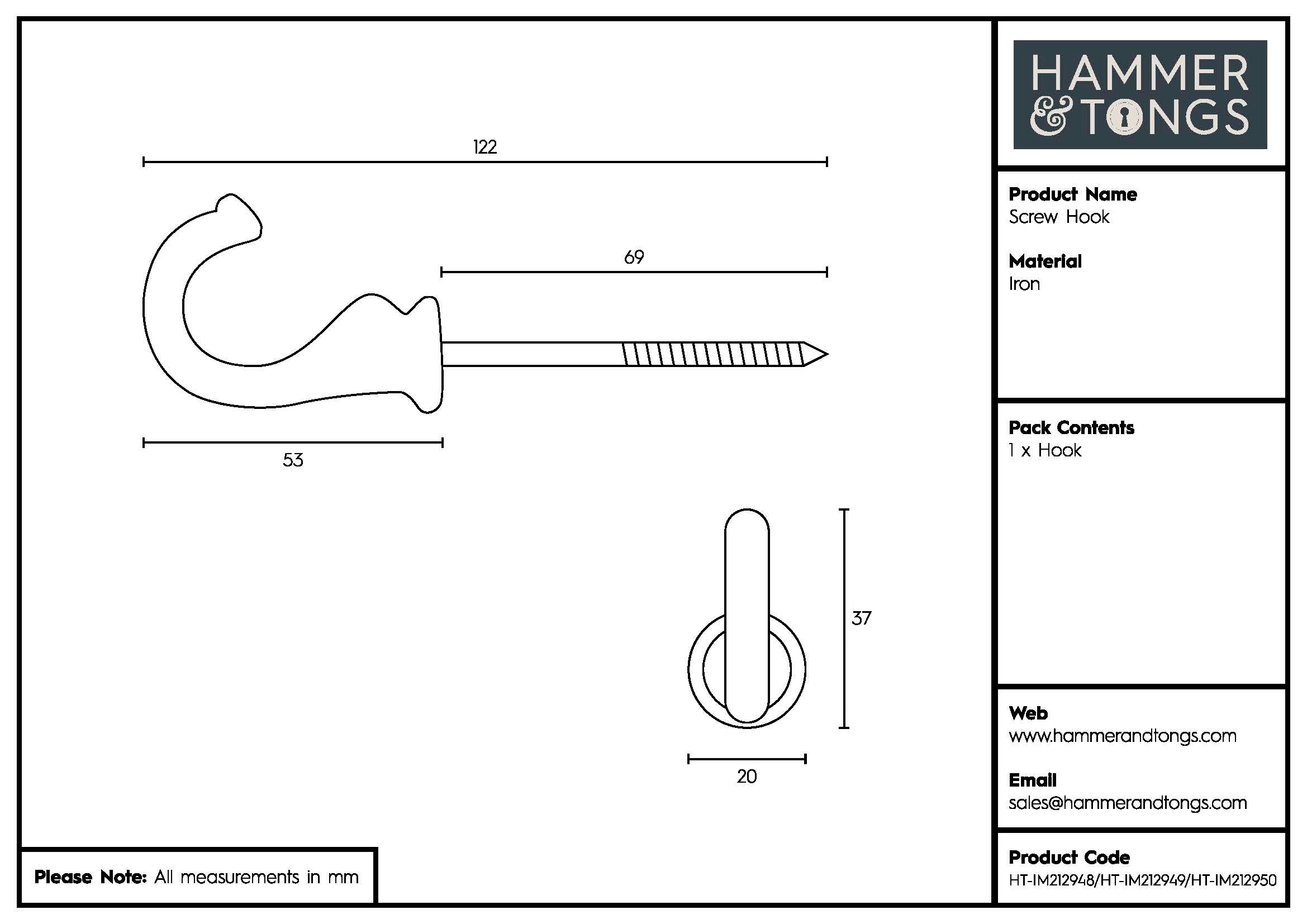 Screw Hook - W20mm x H35mm