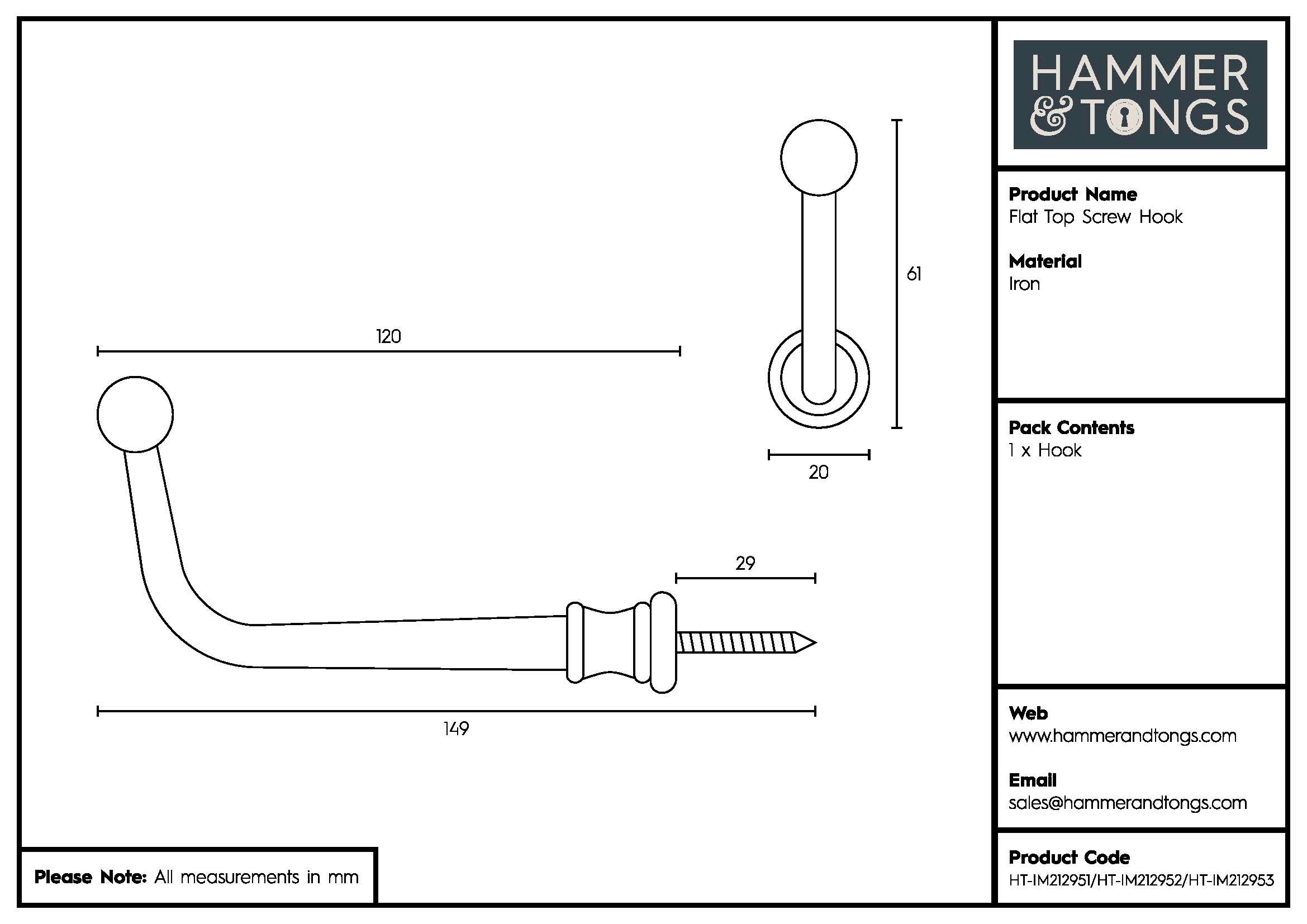 Flat Top Screw Hook - W20mm x H60mm