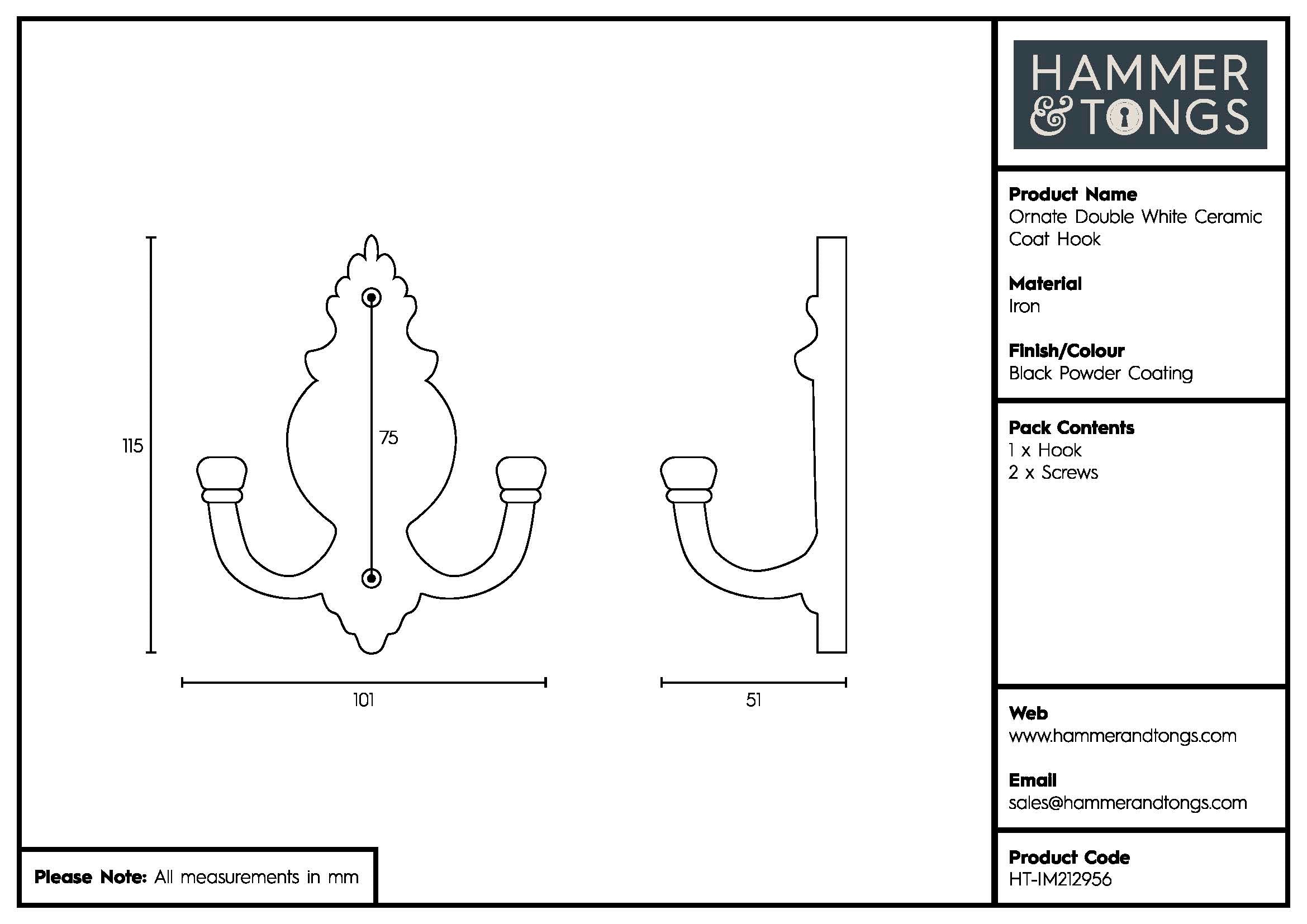 Ornate Double White Ceramic Coat Hook - W100mm x H115mm - Black
