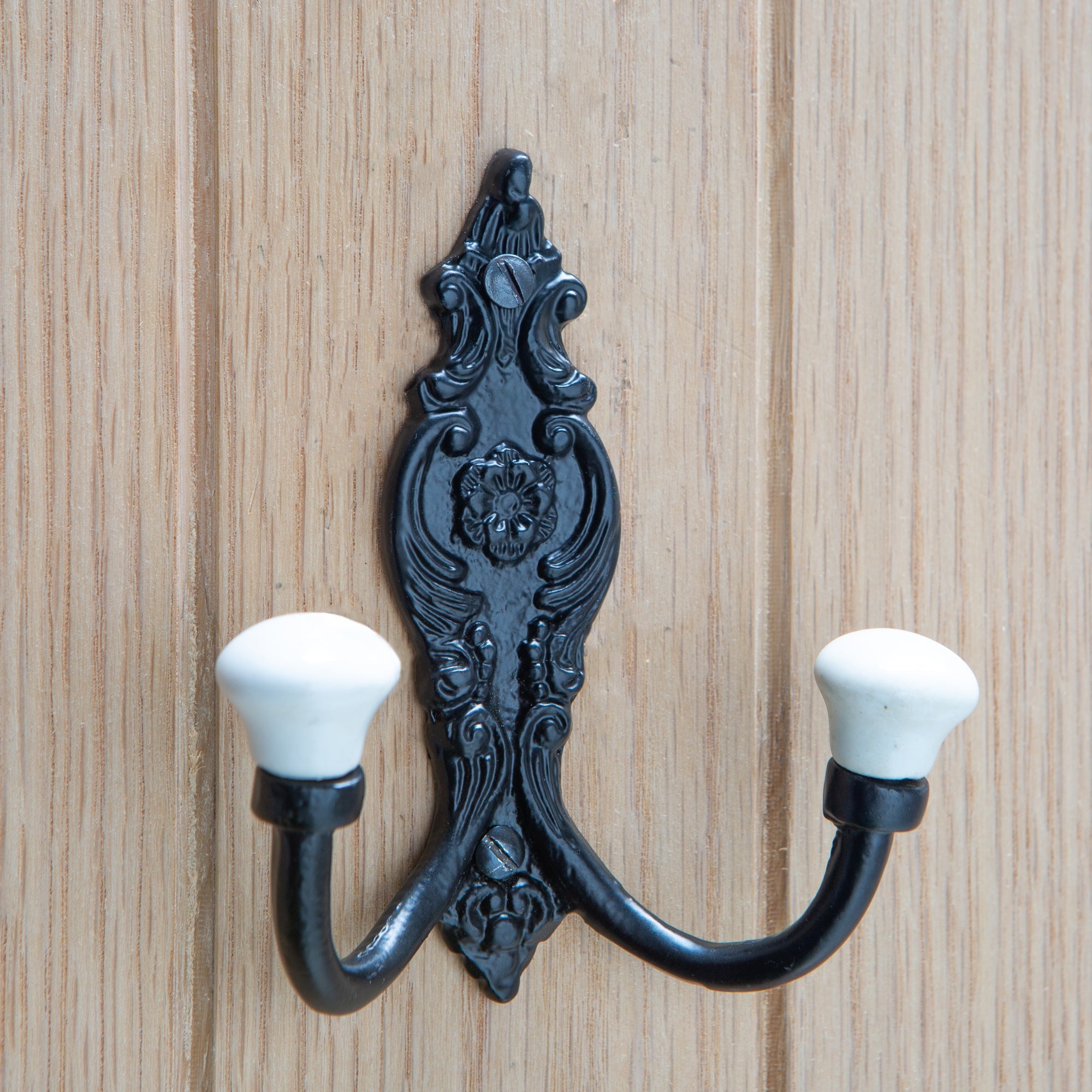 Ornate Double White Ceramic Coat Hook - W100mm x H115mm - Black