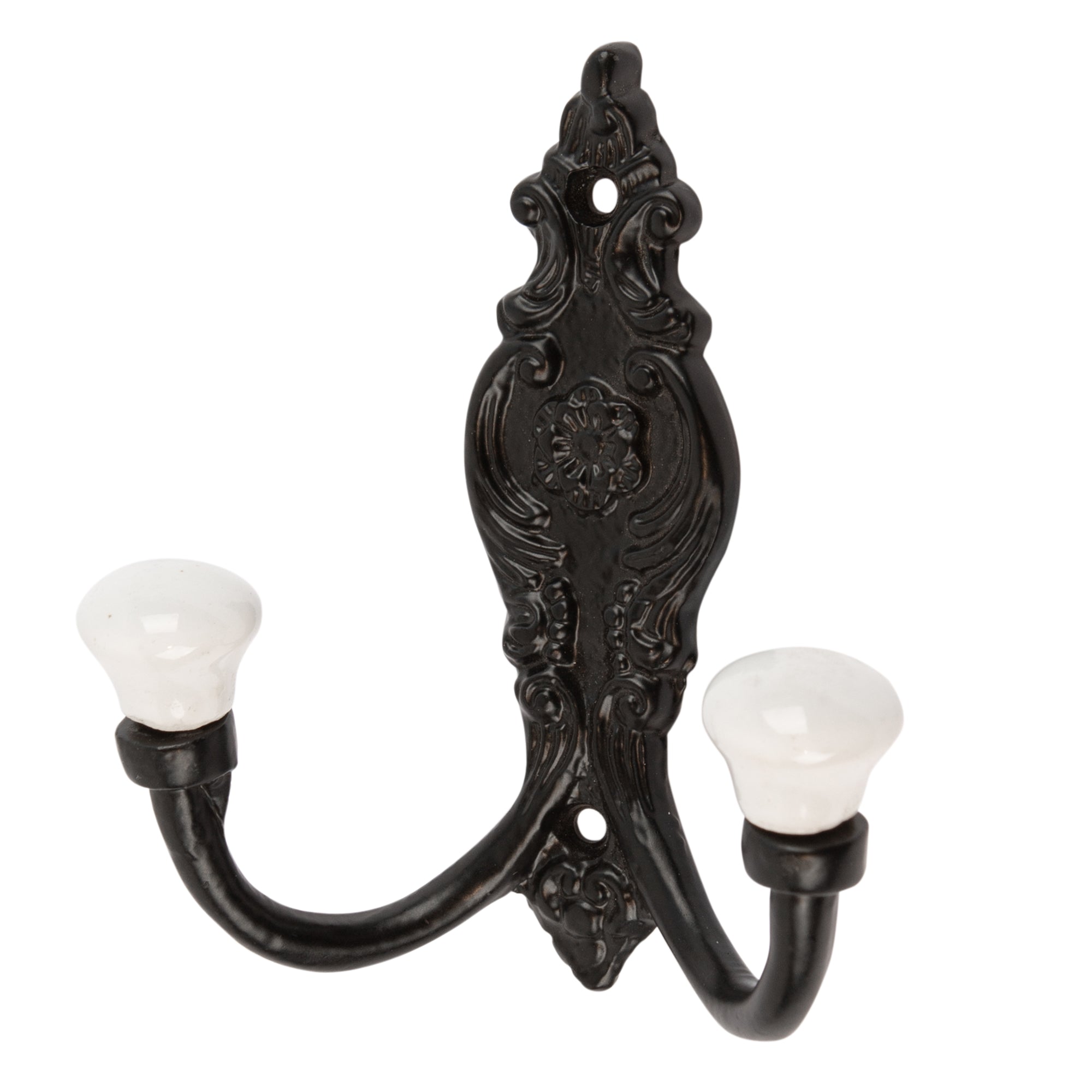 Ornate Double White Ceramic Coat Hook - W100mm x H115mm - Black