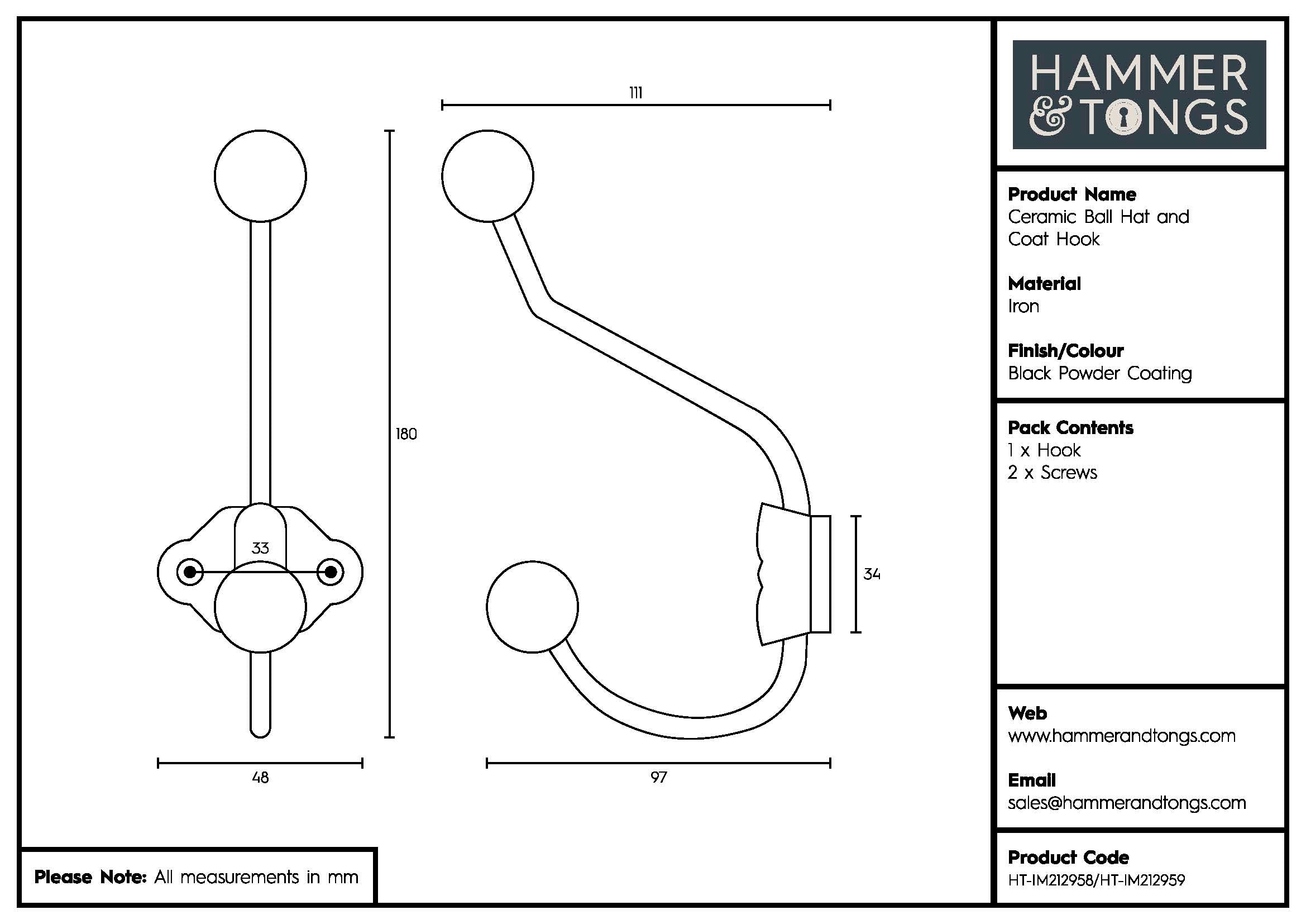 Ceramic Ball Hat & Coat Hook - W50mm x H180mm