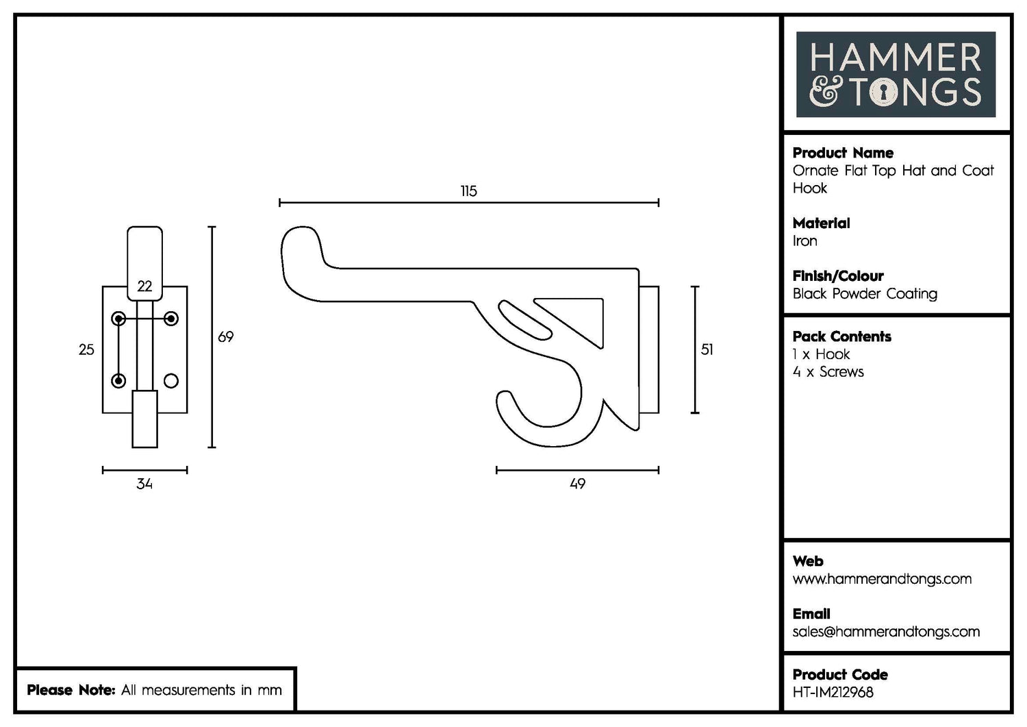 Ornate Flat Top Hat & Coat Hook - W35mm x H70mm - Black