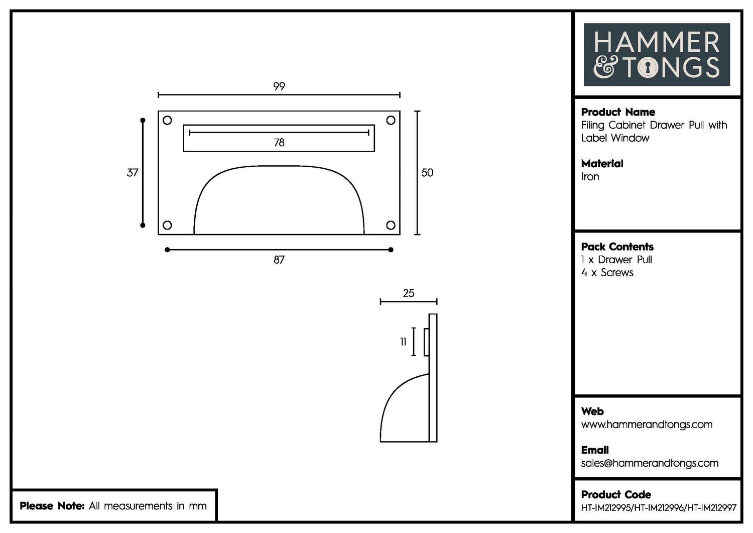 Filing Cabinet Drawer Pull with Card Frame - W100mm x H50mm