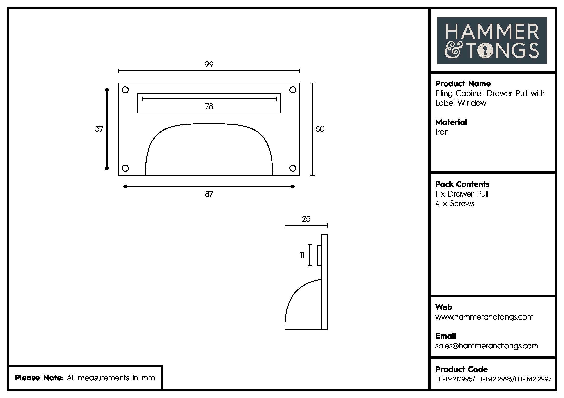 Filing Cabinet Drawer Pull with Card Frame - W100mm x H50mm