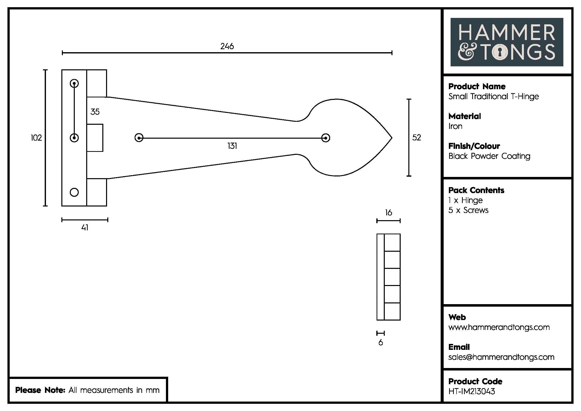 245mm Black Traditional T-Hinge