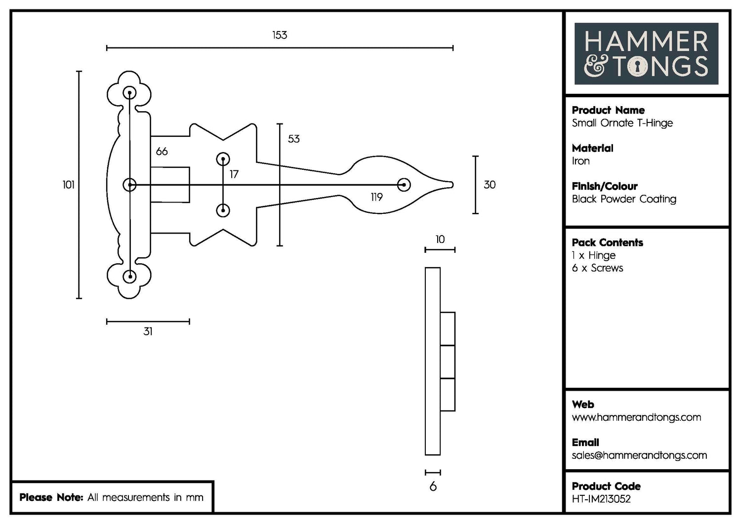 155mm Black Ornate T-Hinge