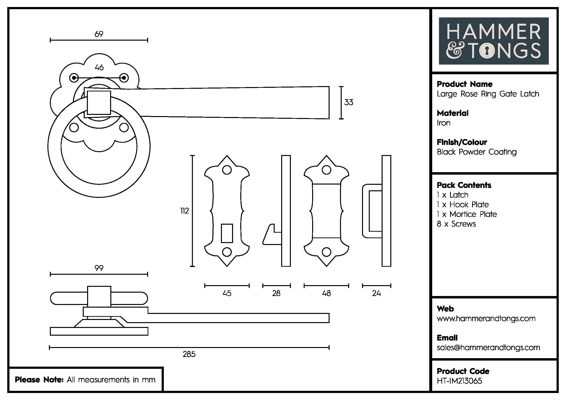Rose Ring Gate Latch - 285mm - Black