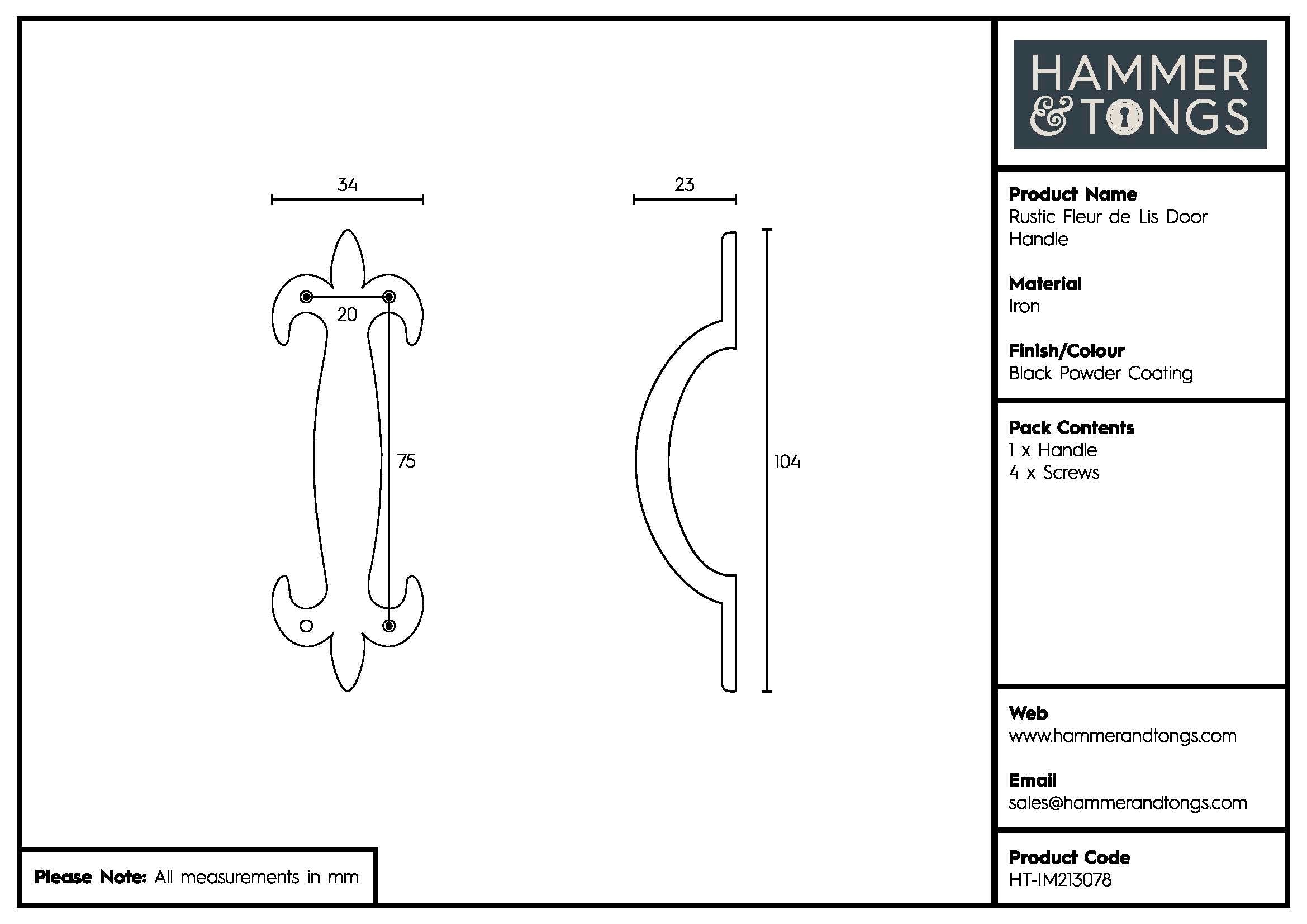 105mm Black Rustic Fleur De Lis Door Handle