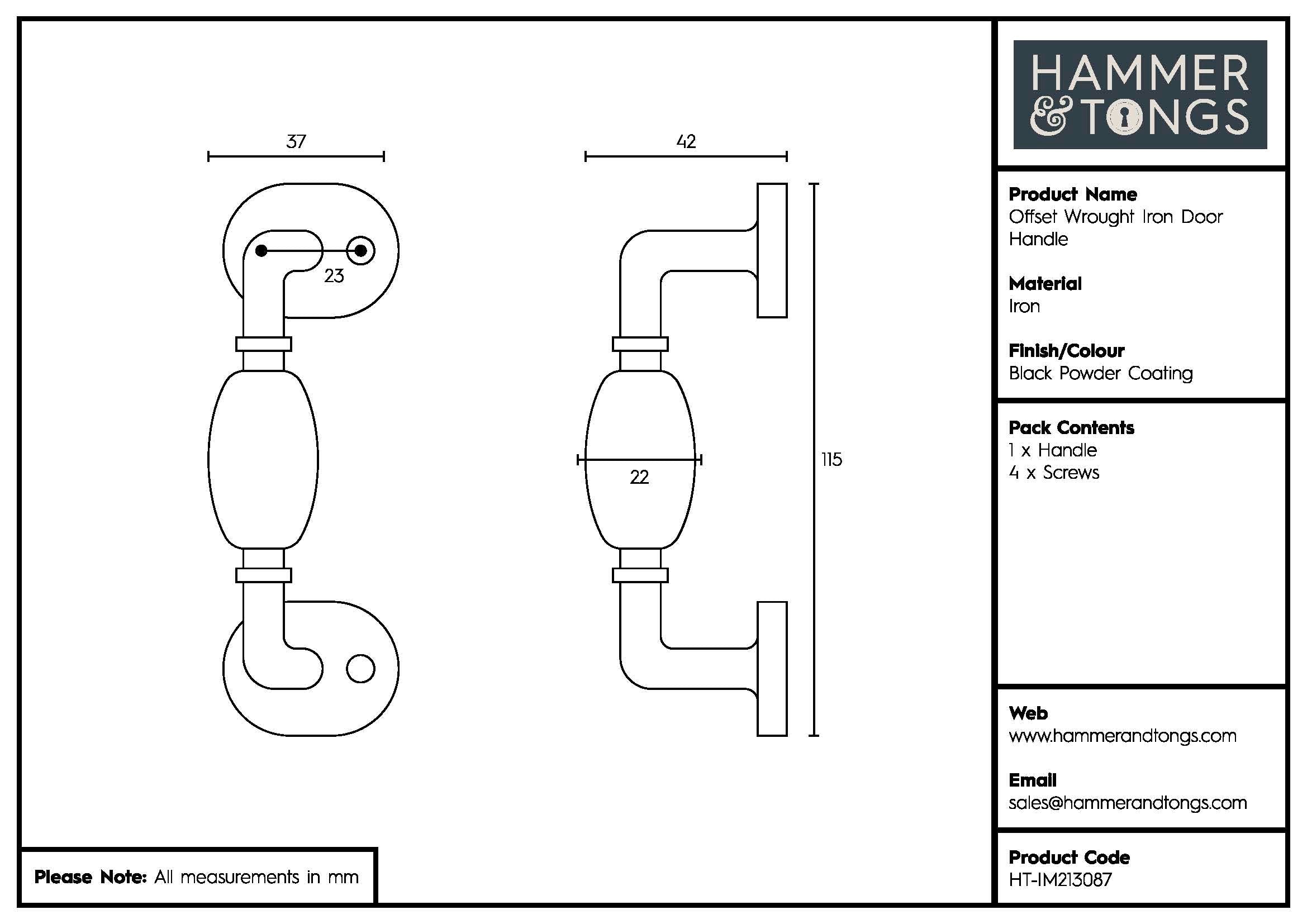115mm Black Offset Wrought Iron Door Handle