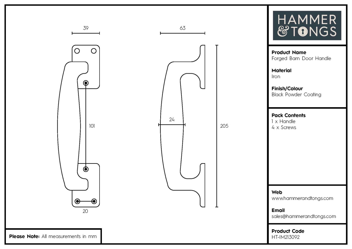 205mm Black Forged Barn Door Handle