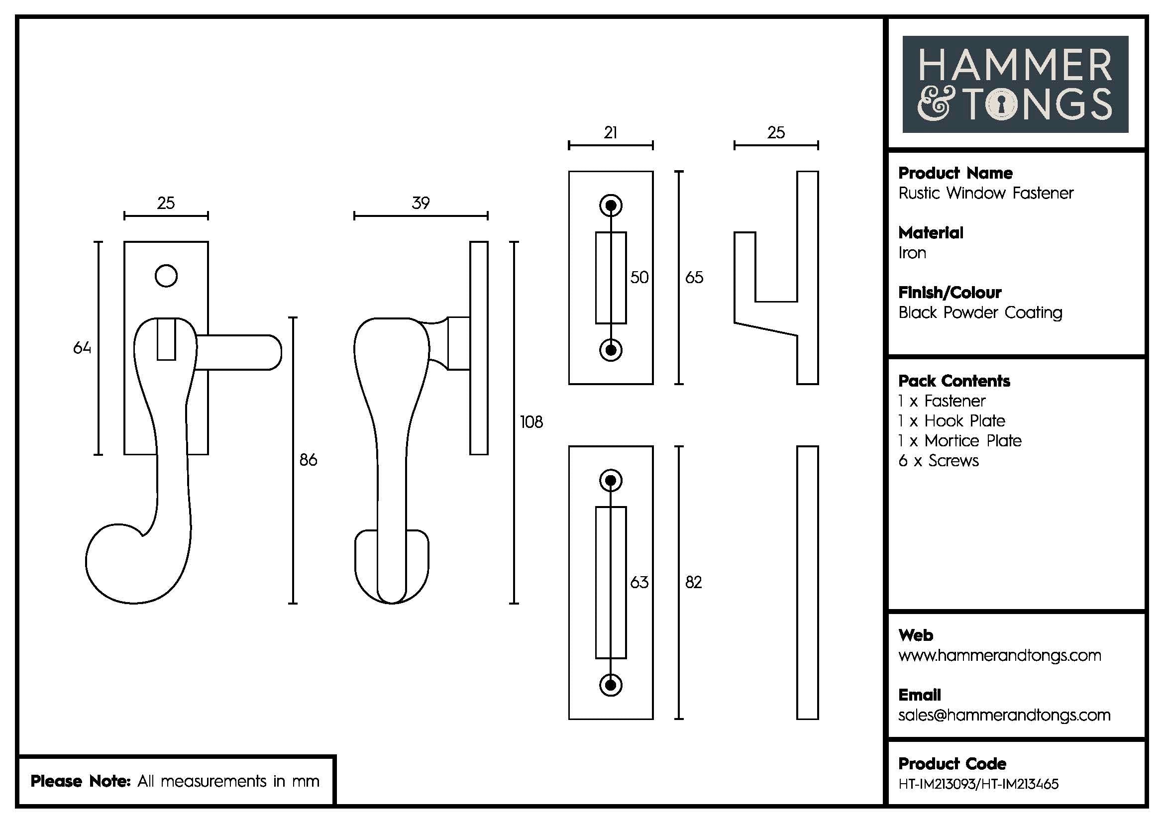 90mm Right Hand Black Rustic Window Fastener