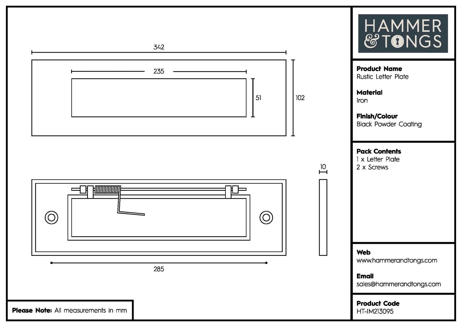 340 x 100mm Black Rustic Letter Plate