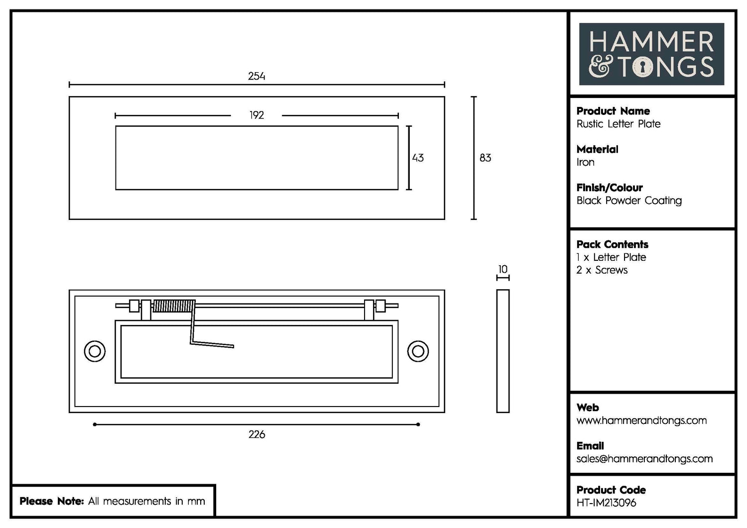 255 x 85mm Black Rustic Letter Plate